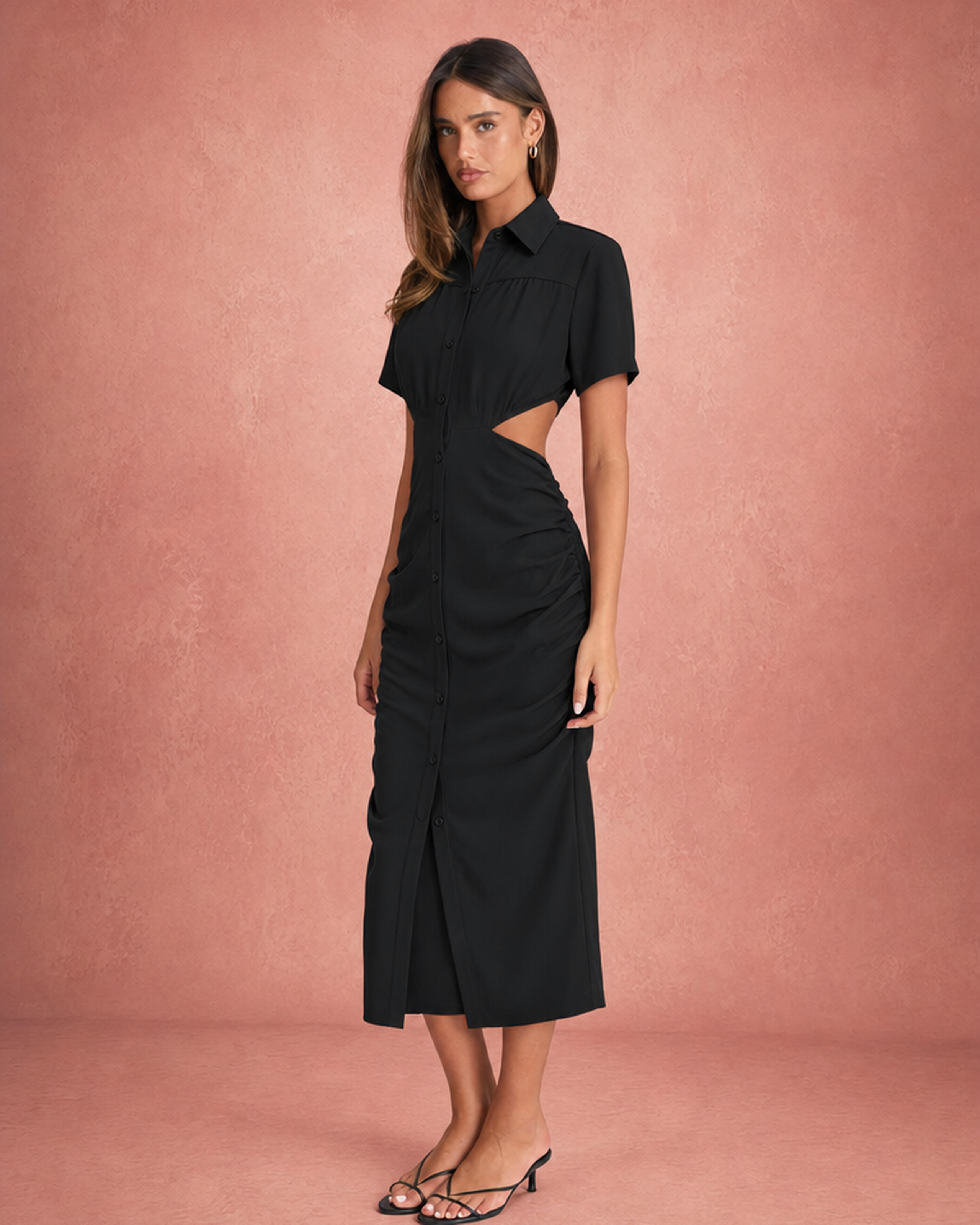 Shirt Collar Waist Cut-Out Ruched Midi Shirt Dress