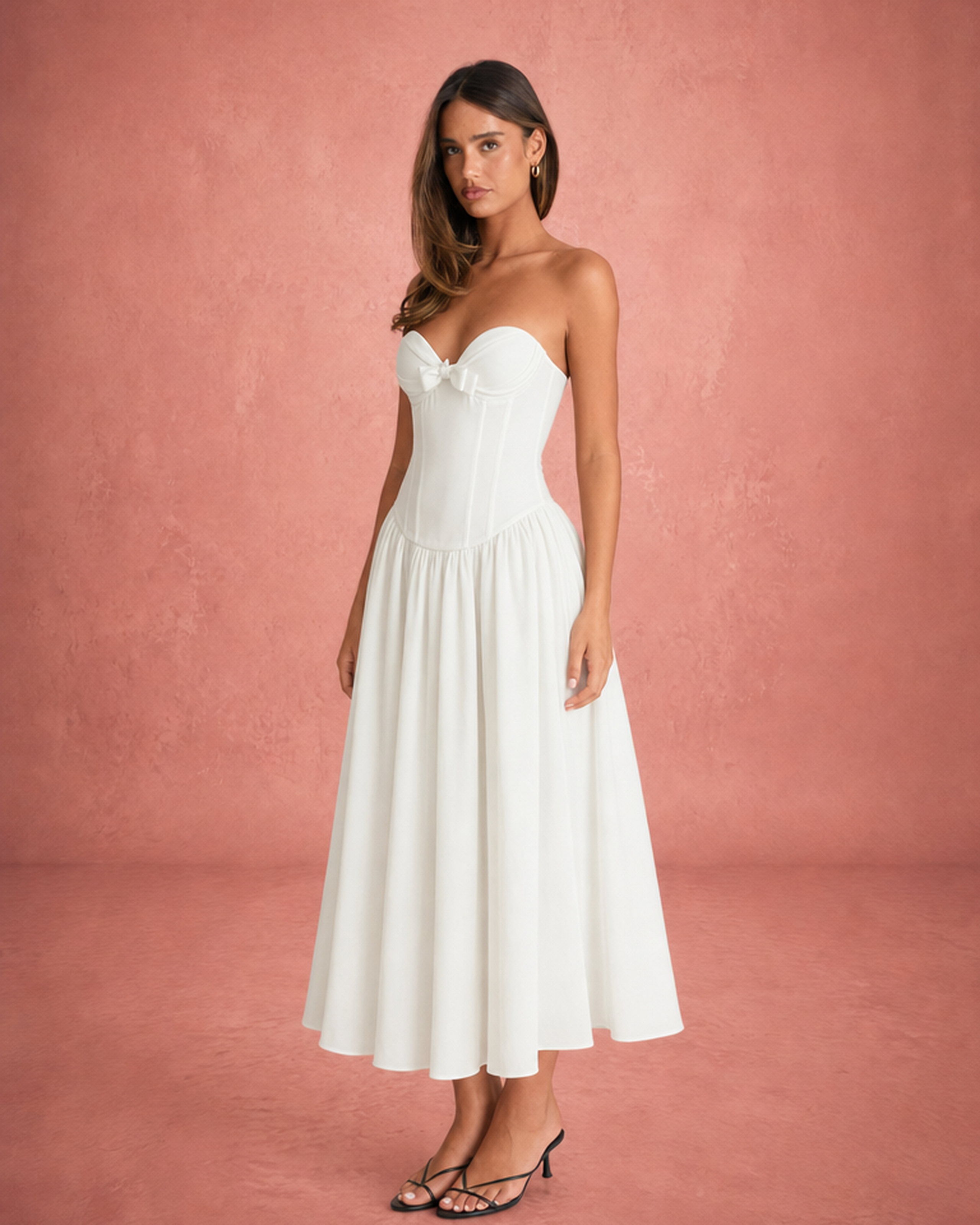 Strapless Corset Bodice Bow Detail Midi Dress