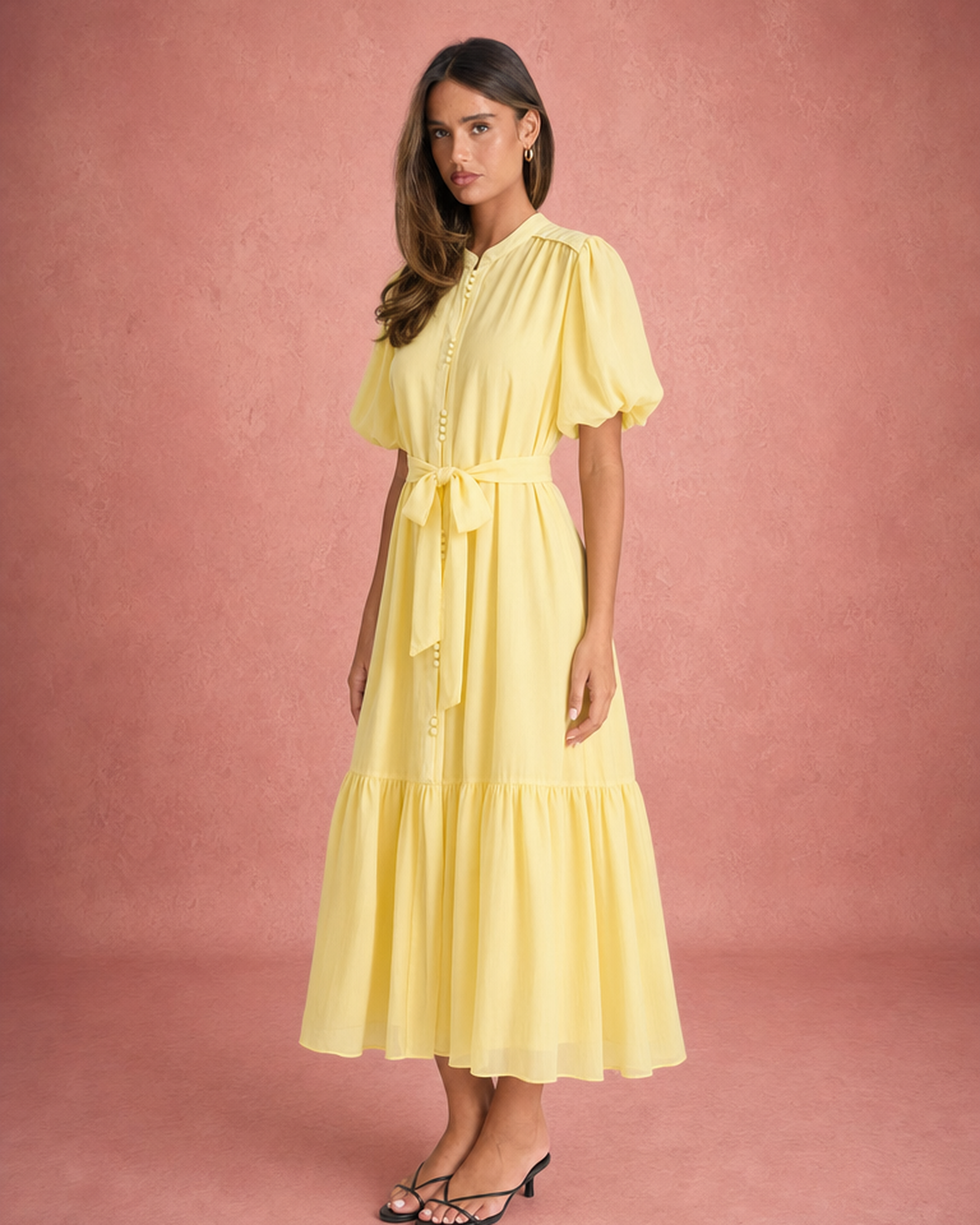 Round Neck Puff Sleeve Tie-Waist Tiered Maxi Dress