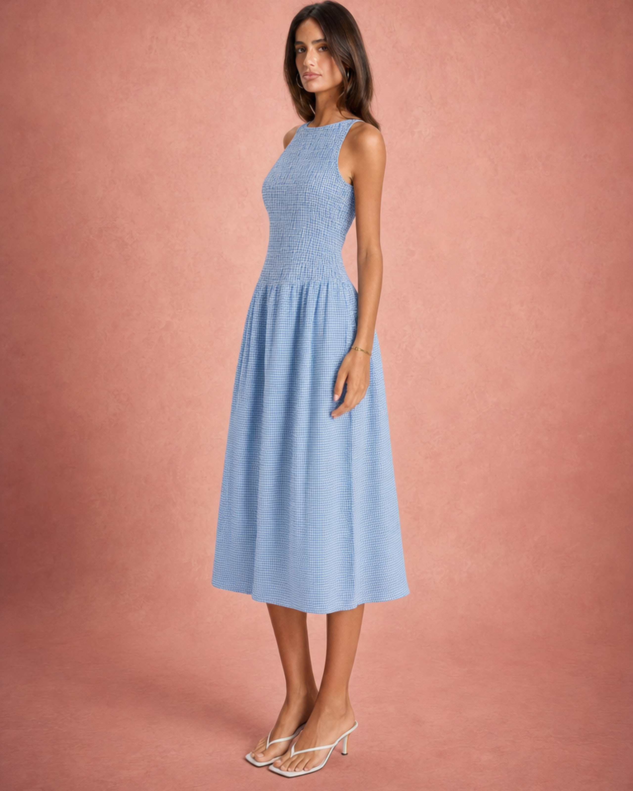 Round Neck Smocked Bodice A-Line Midi Dress
