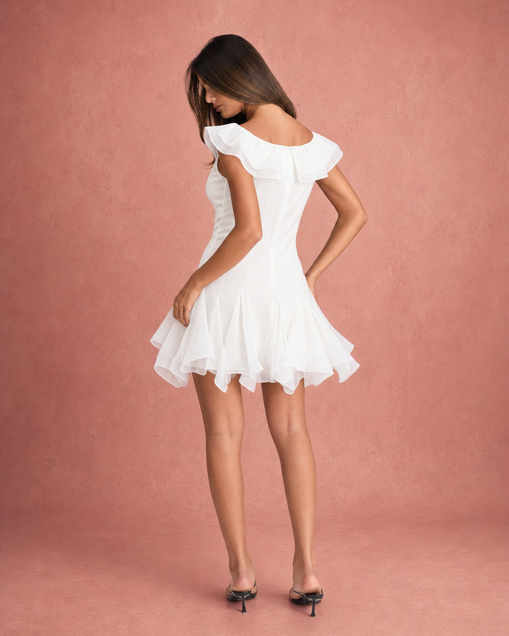Off-Shoulder Ruffled Neckline Tiered Organza Mini Dress
