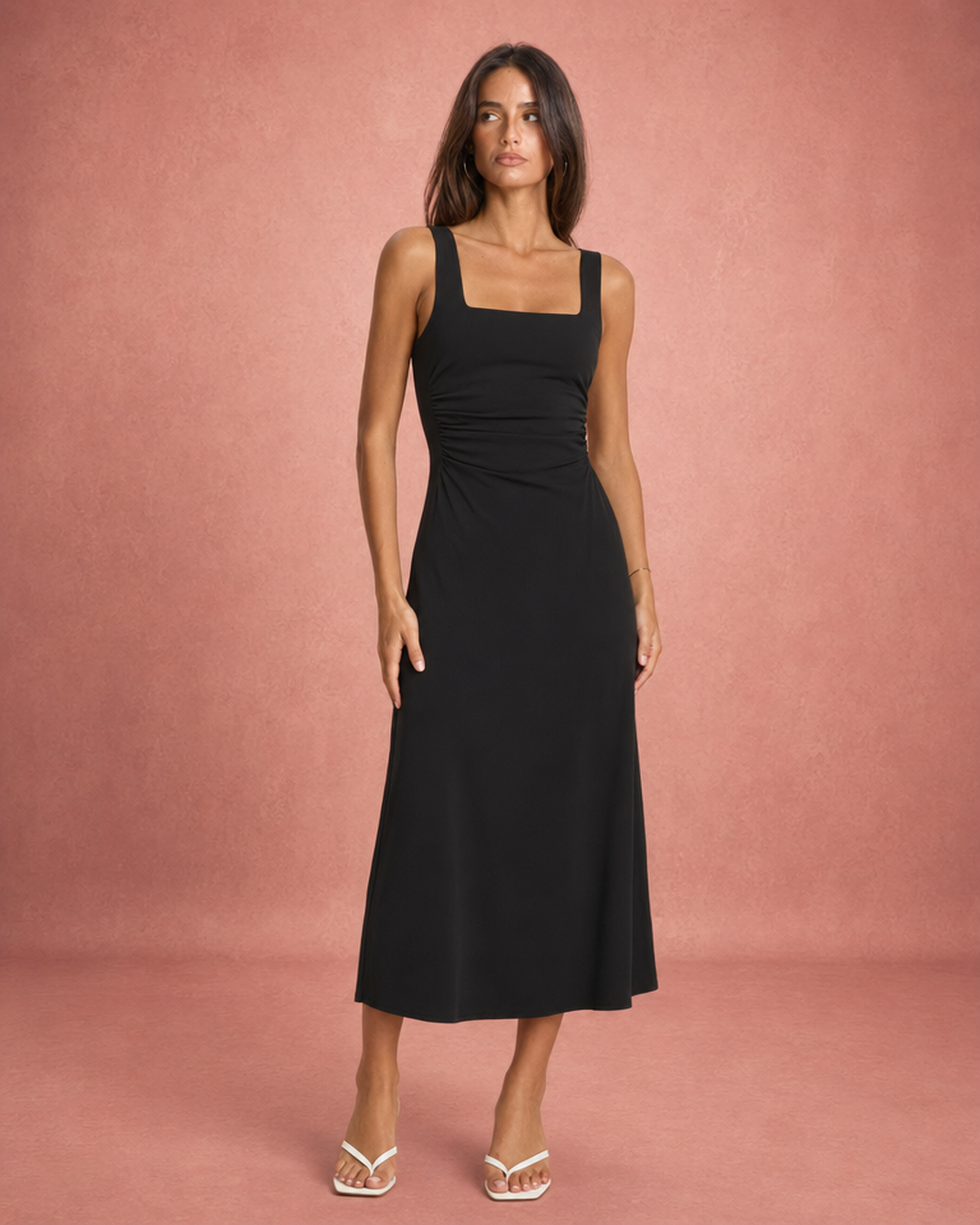 Ruched Slim Fit Low Back Maxi Dress - Black