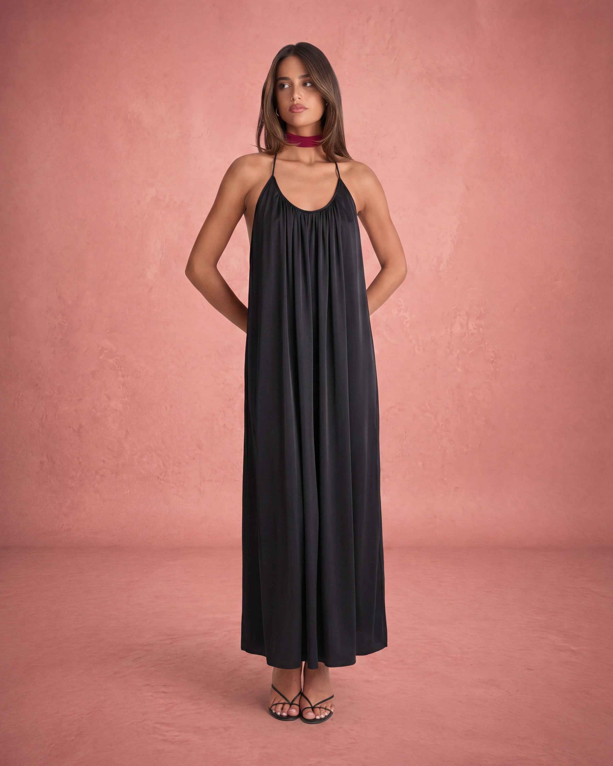 Halter Neck Backless A-Line Midi Dress - Black