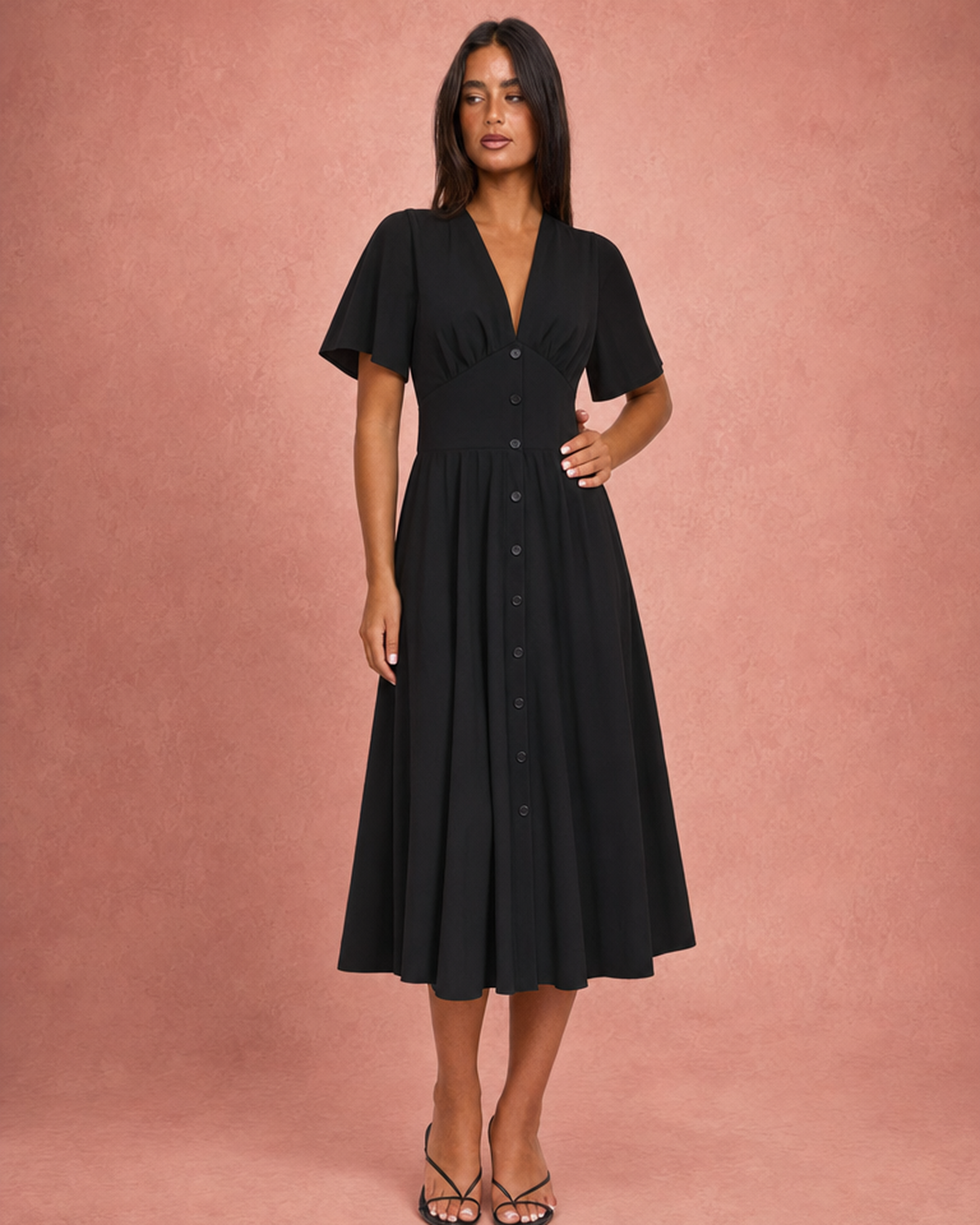 V-Neck Button-Front Wide Sleeve Midi Dress - Black