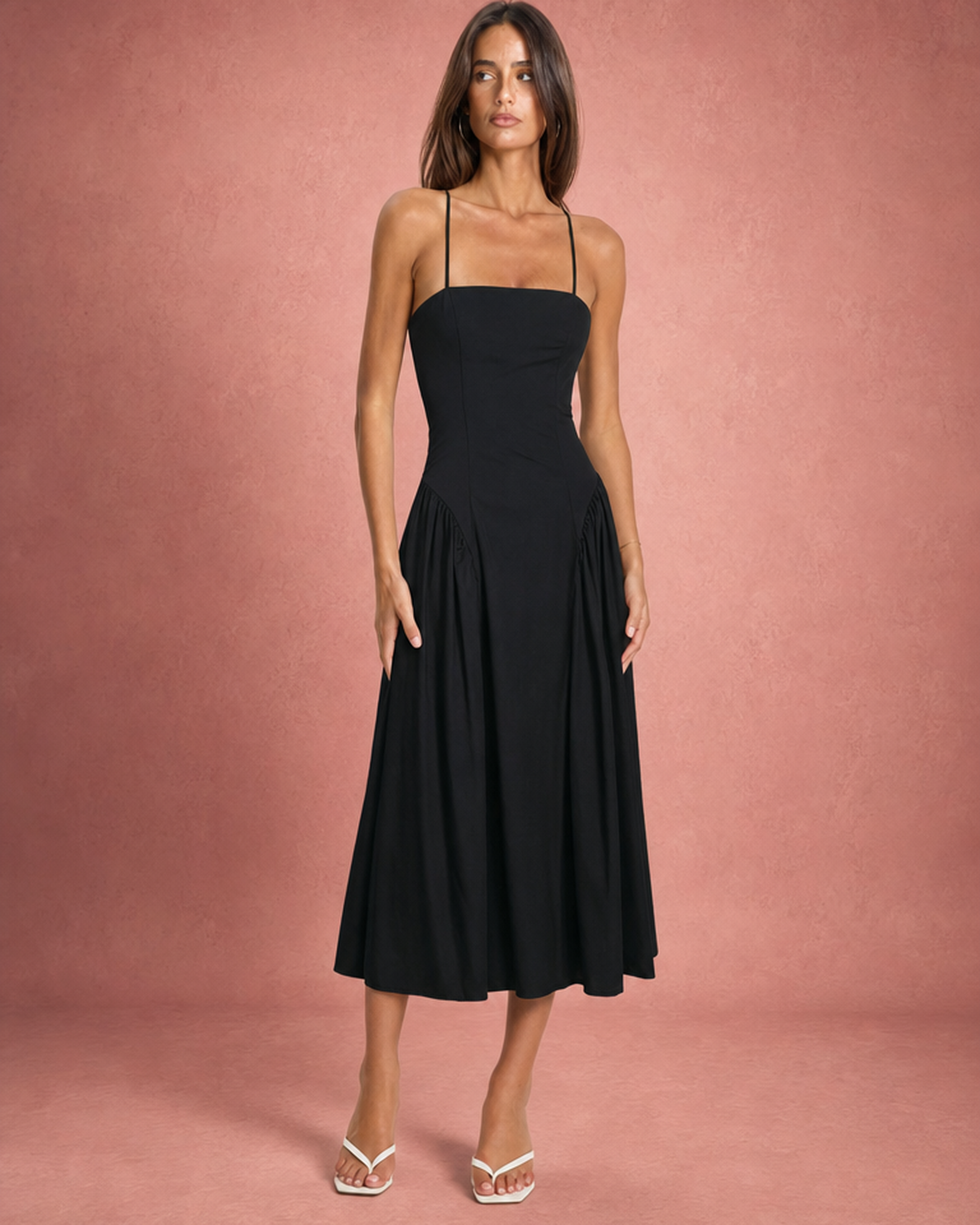 Spaghetti Strap Low Neck Gathered Midi Dress - Black