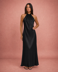 Satin Halter Neck Bodycon Maxi Dress - Black