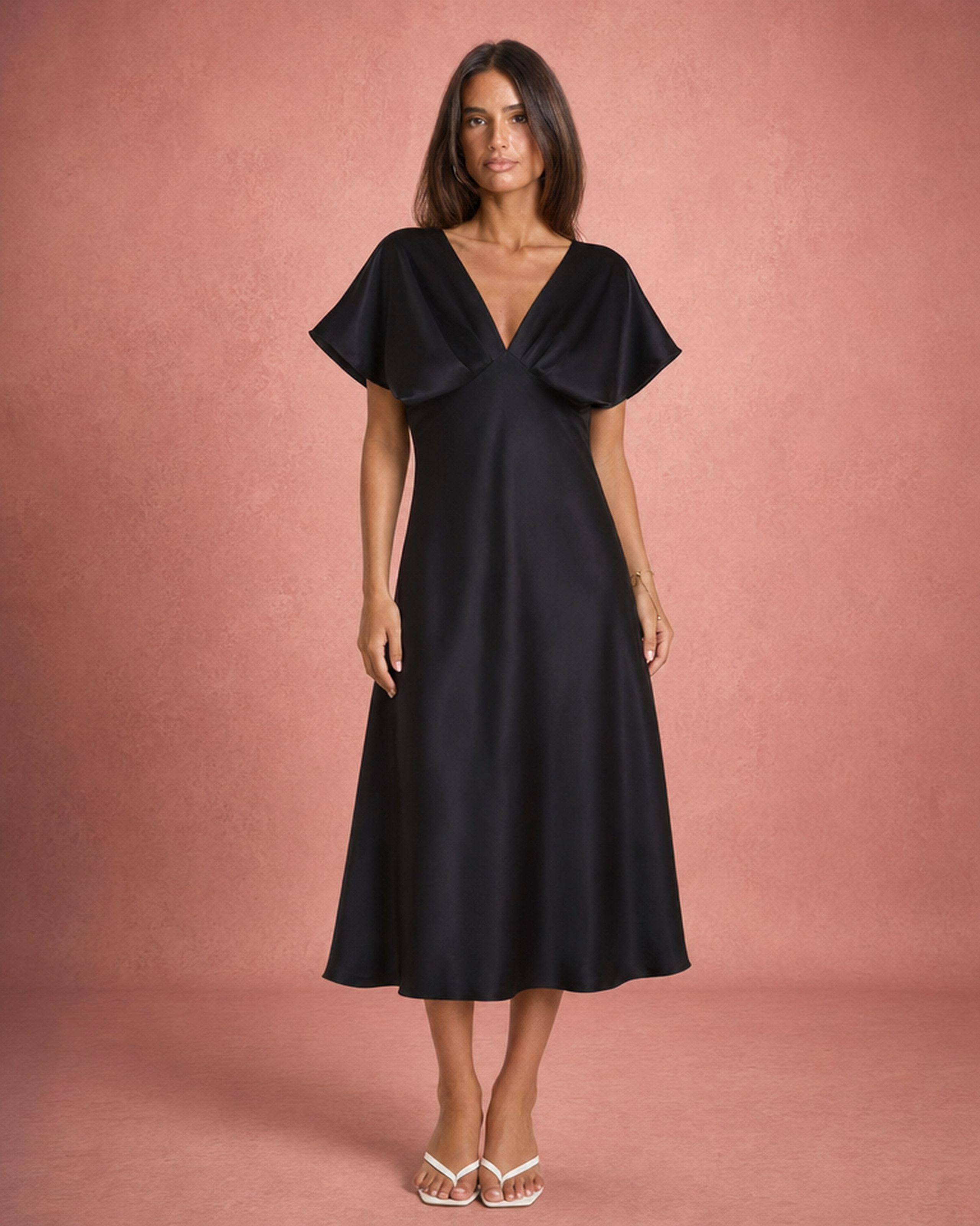 Satin-Feel Flowing Midi Summer Dress - Black