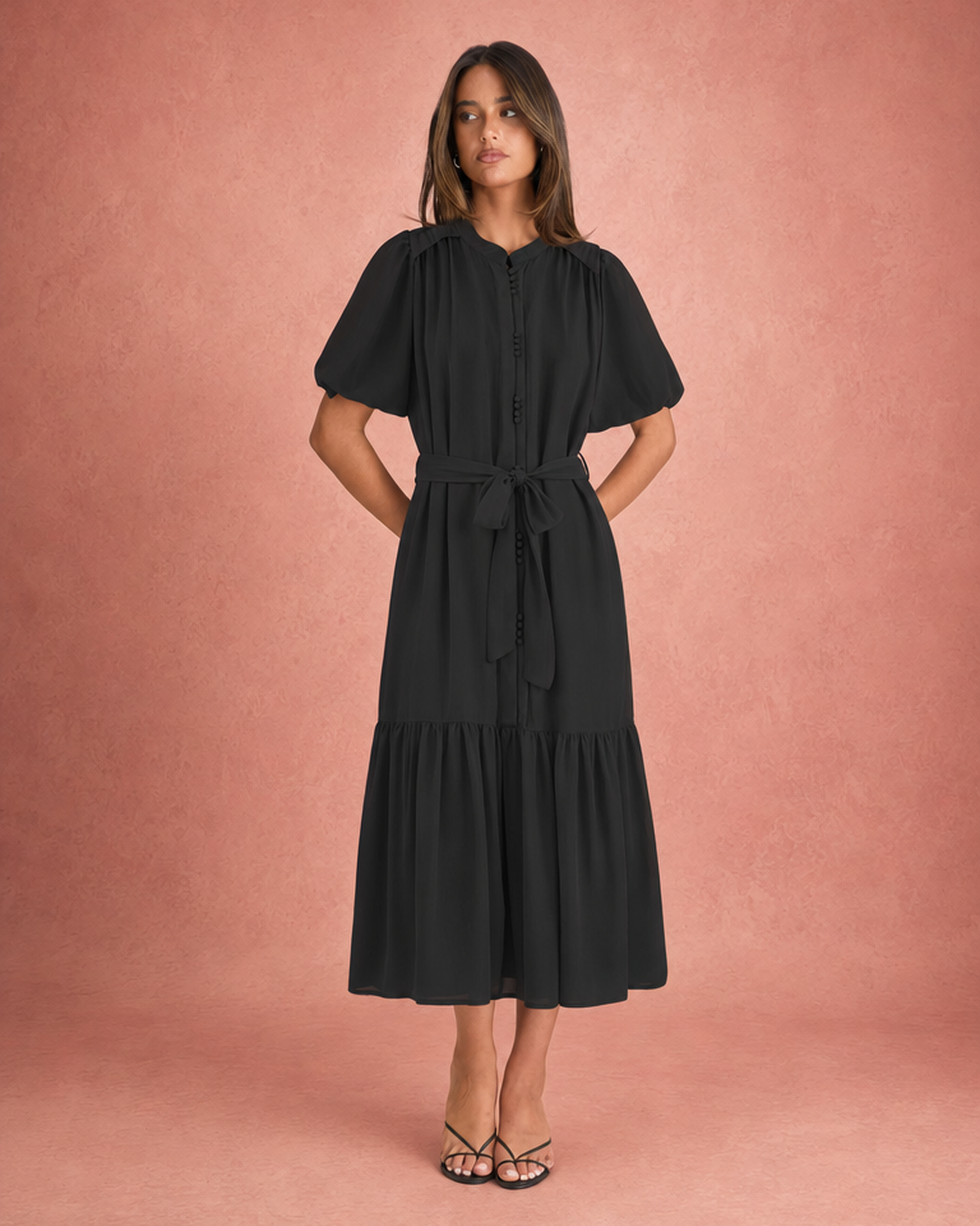 Round Neck Puff Sleeve Tie-Waist Tiered Maxi Dress - Black