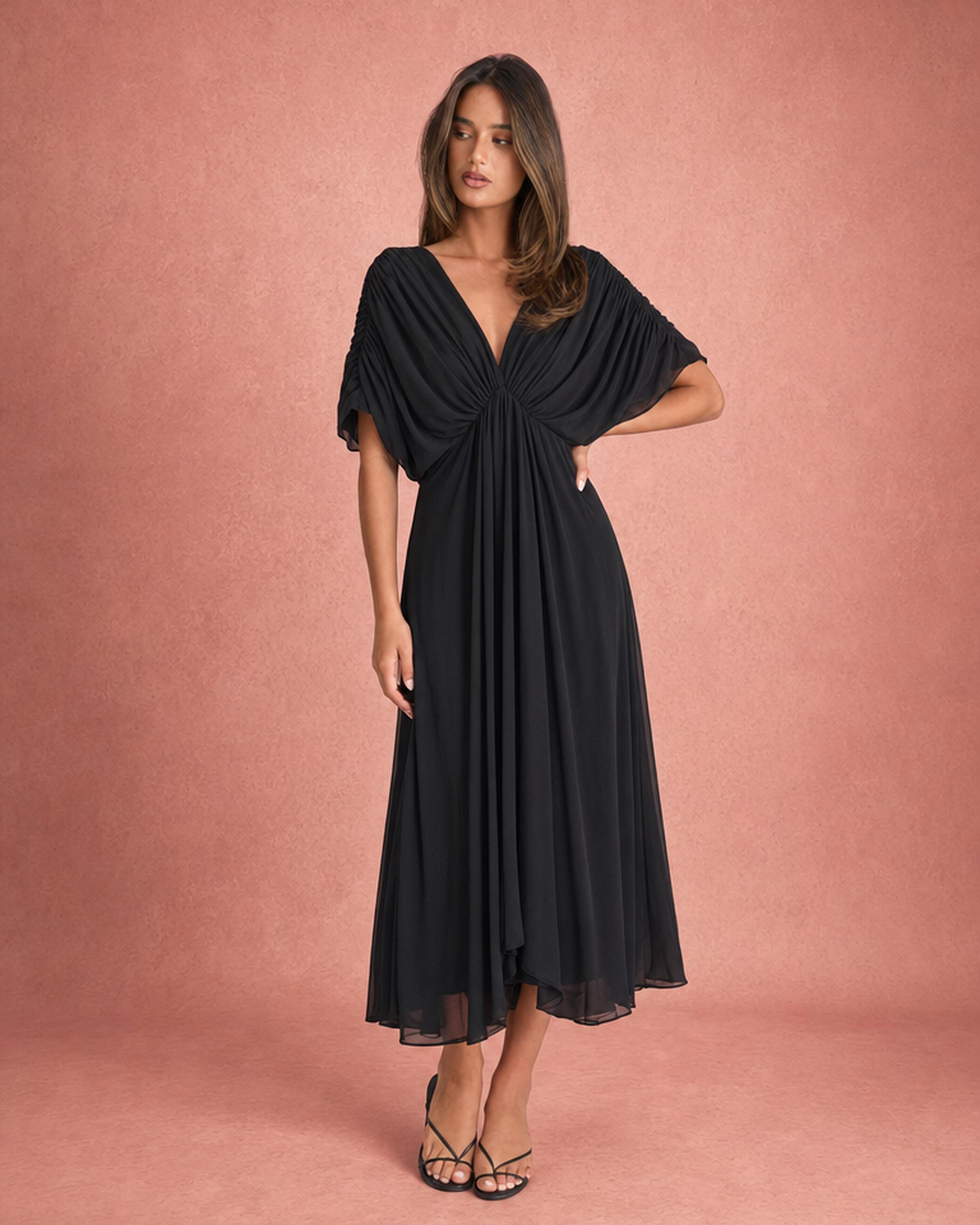 V-Neck Ruched Bodice Wide Sleeve Chiffon Maxi Dress - Black