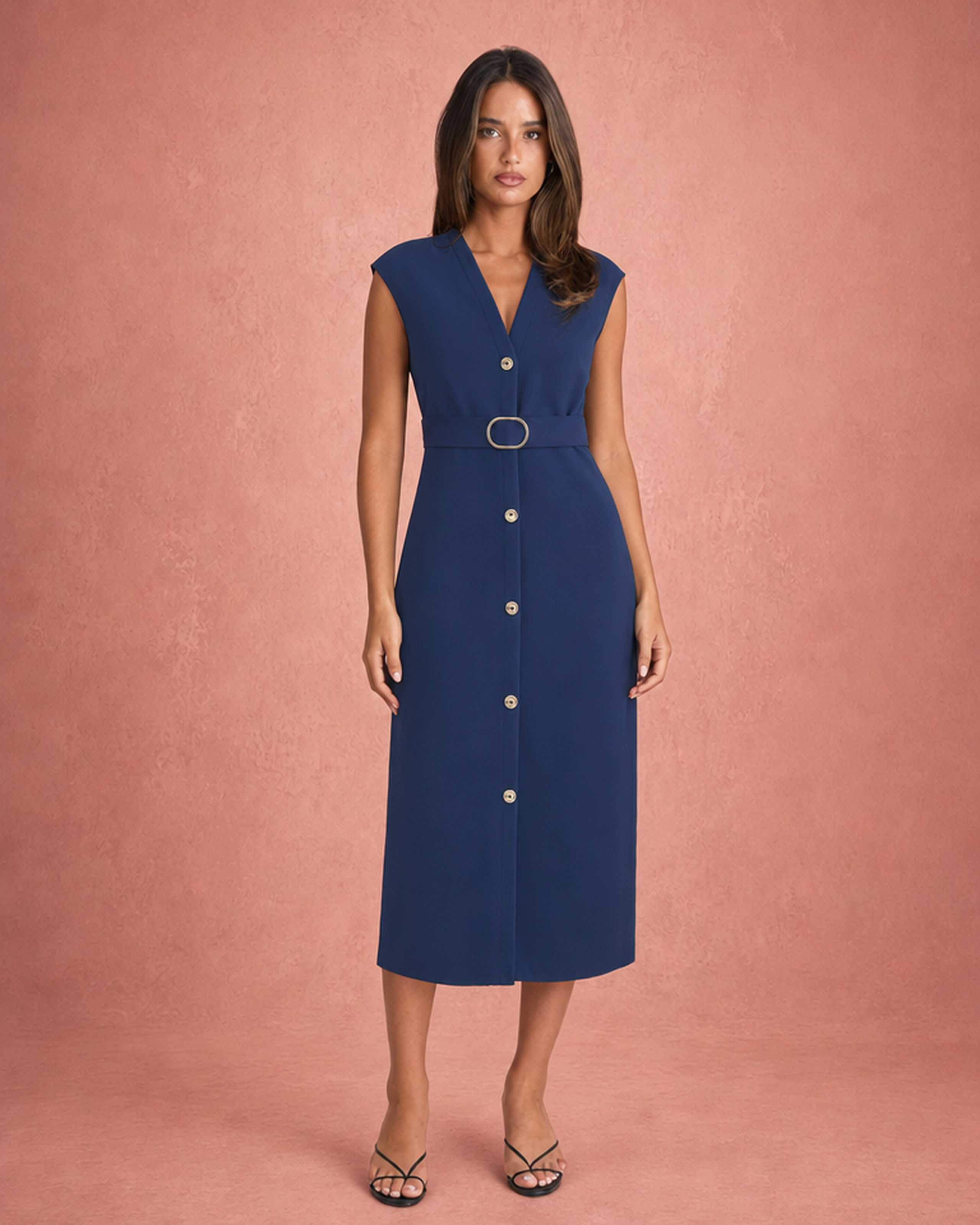 V-Neck Button-Front D-Ring Belt Sleeveless Midi Shirt Dress - Blue