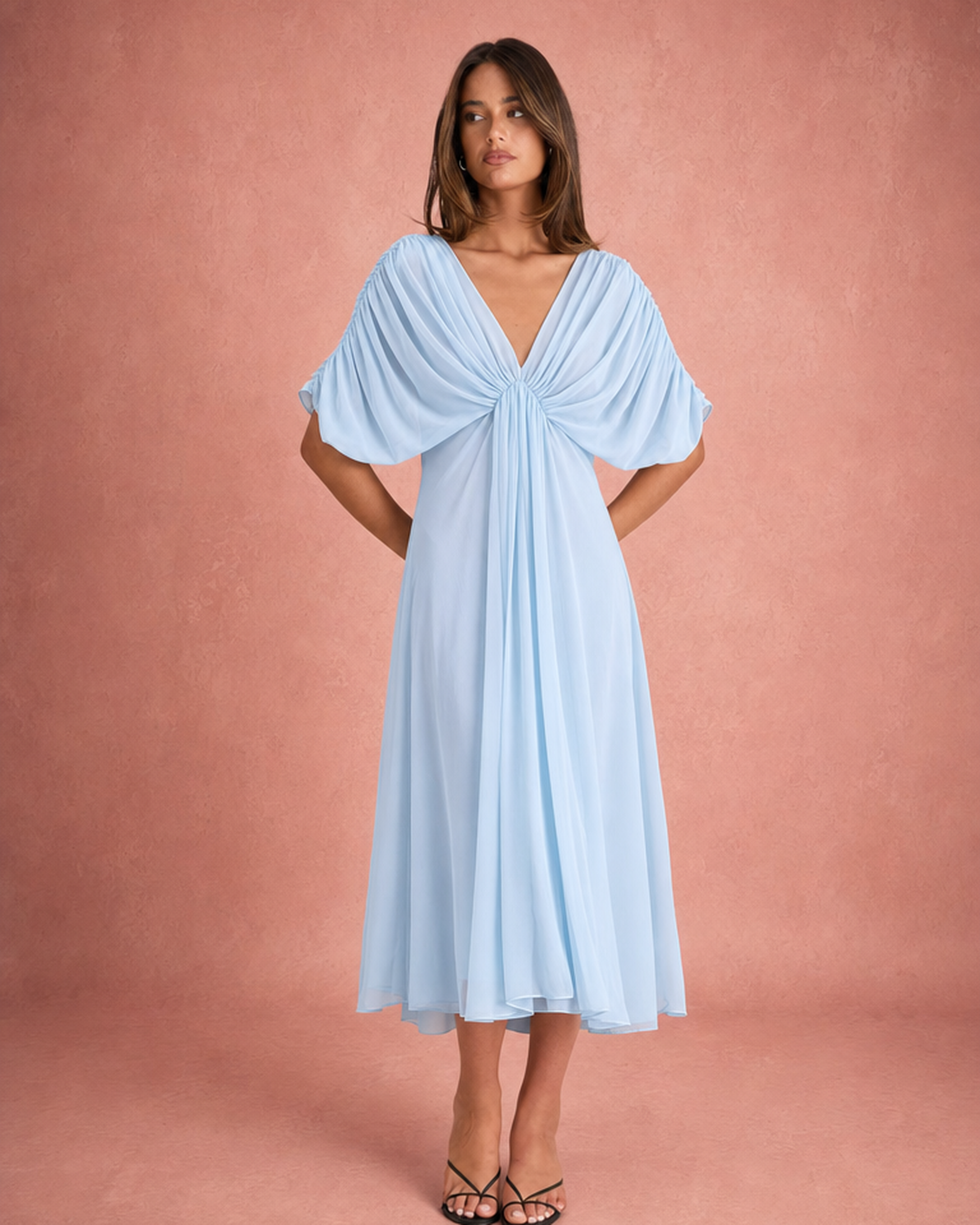 V-Neck Ruched Bodice Wide Sleeve Chiffon Maxi Dress - Blue