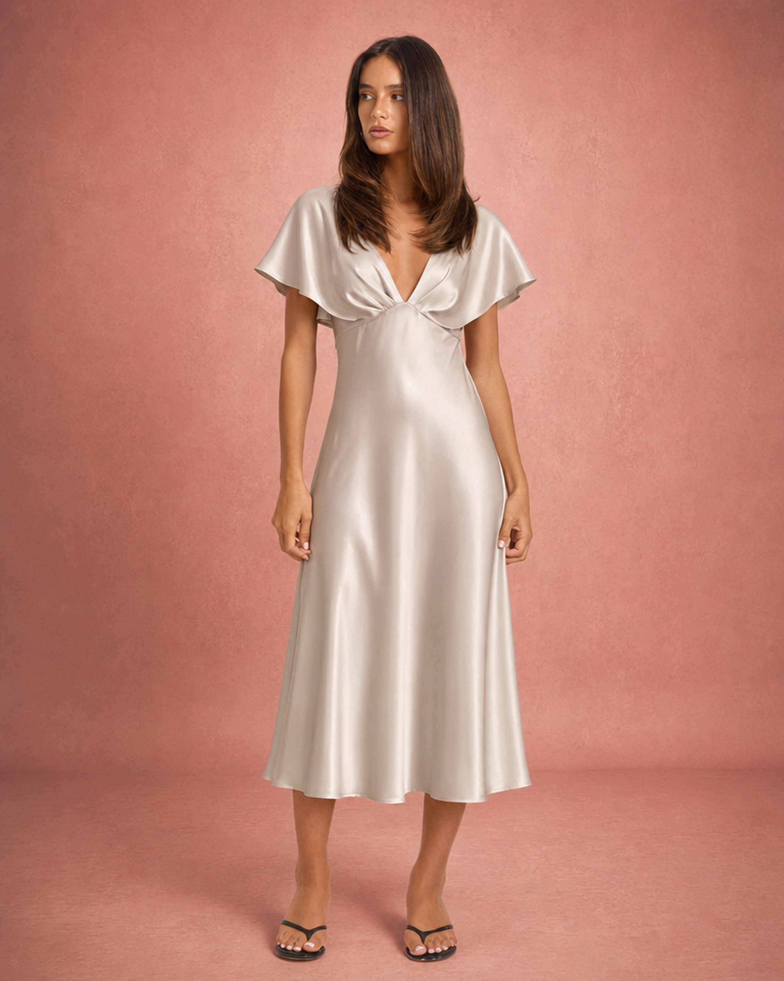 Satin-Feel Flowing Midi Summer Dress - Champagne