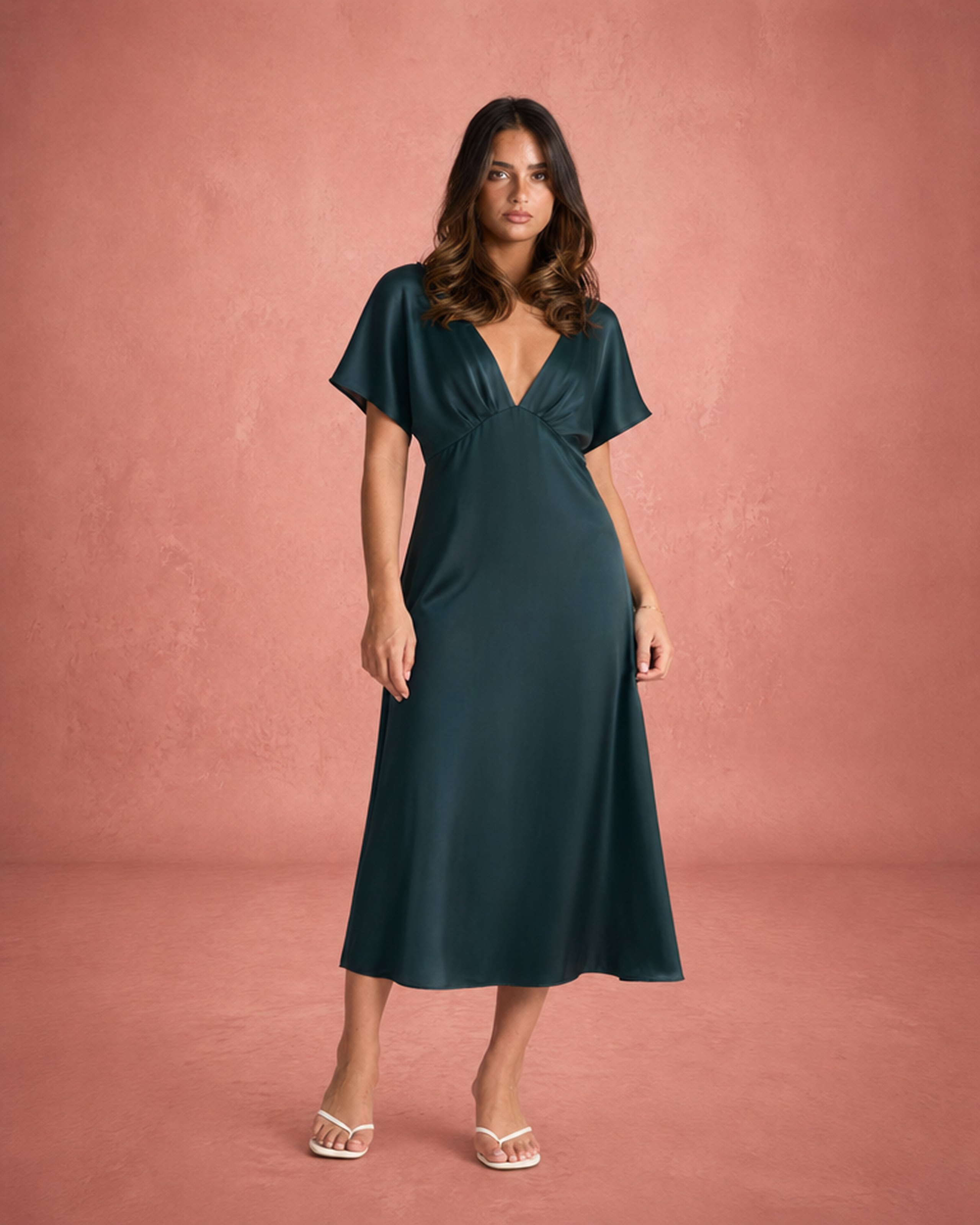 Satin-Feel Flowing Midi Summer Dress - Dark Green