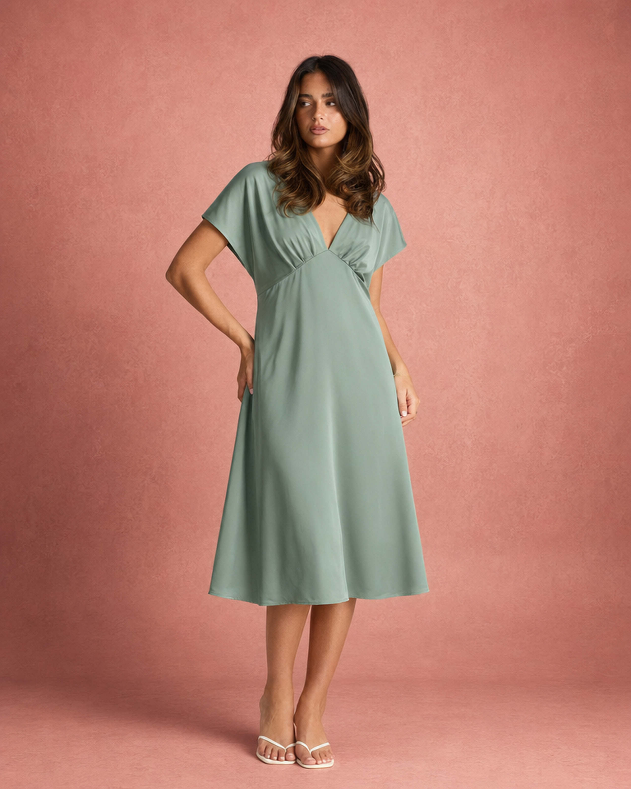 Satin-Feel Flowing Midi Summer Dress - Green