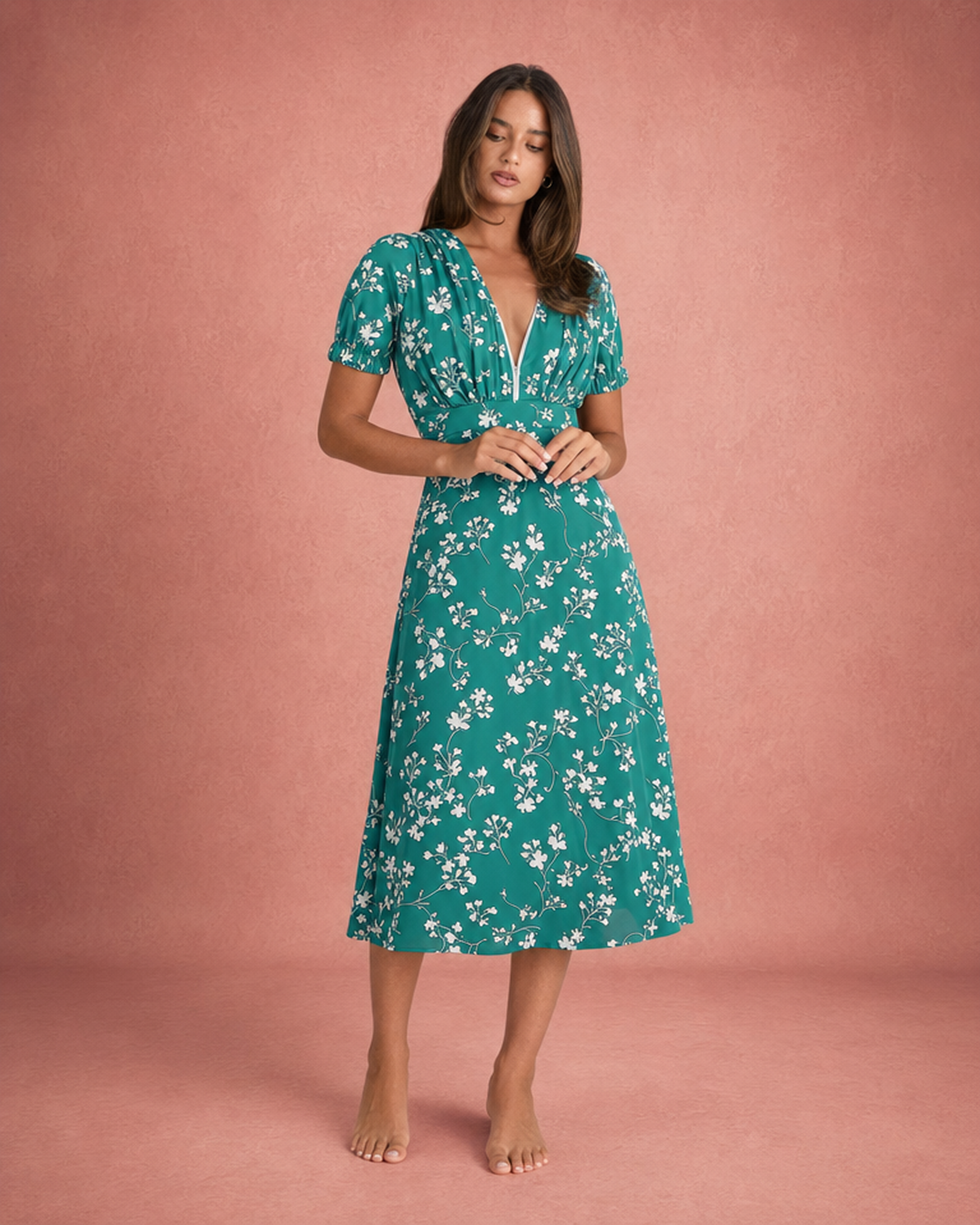 Floral Print Flowing Maxi Dress - Green