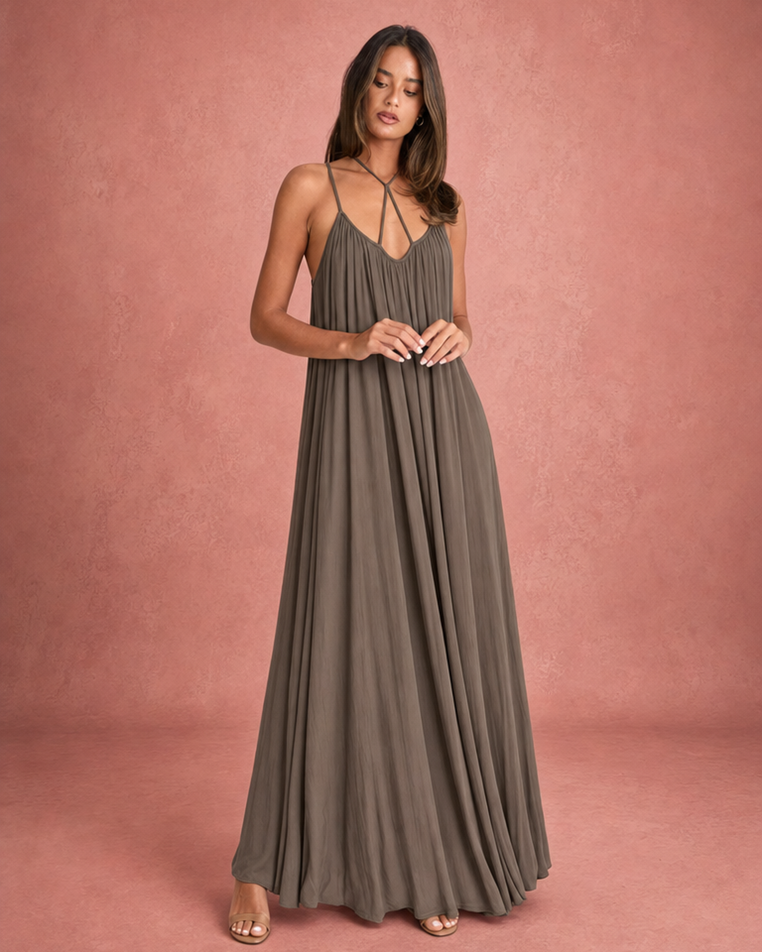 Halter Neck Backless A-Line Midi Dress - Khaki