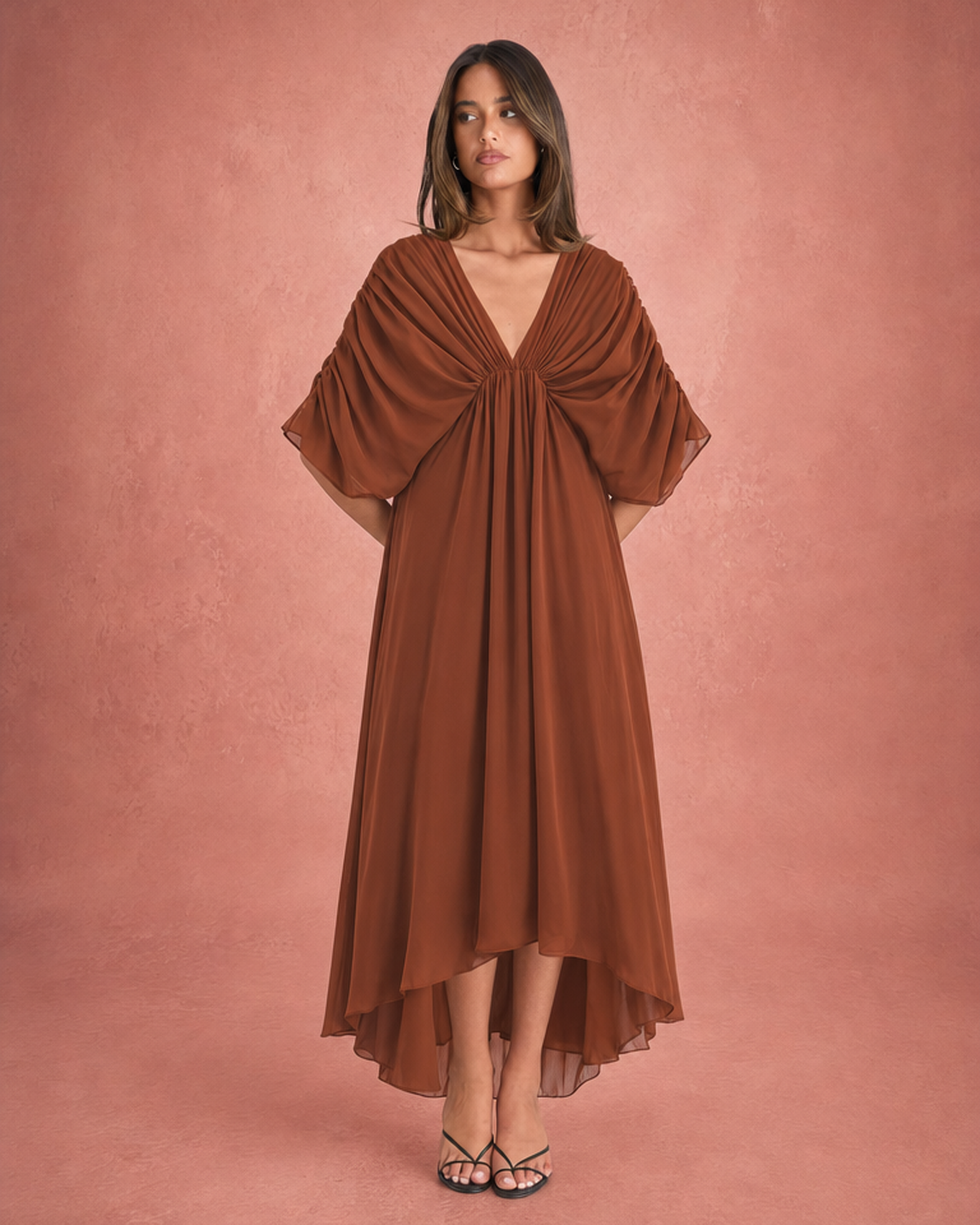 V-Neck Ruched Bodice Wide Sleeve Chiffon Maxi Dress - Orange