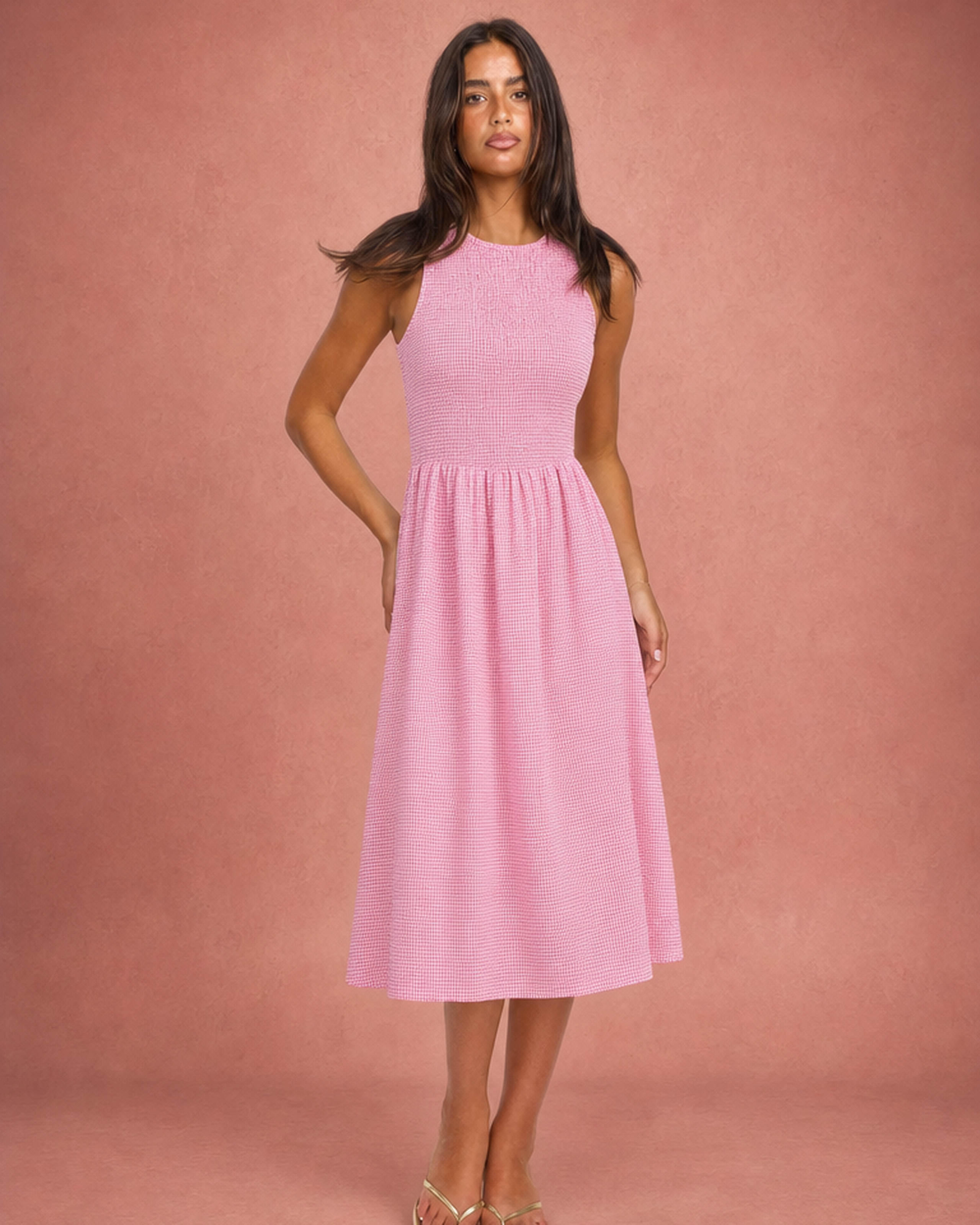 Round Neck Smocked Bodice A-Line Midi Dress - Pink Plaid