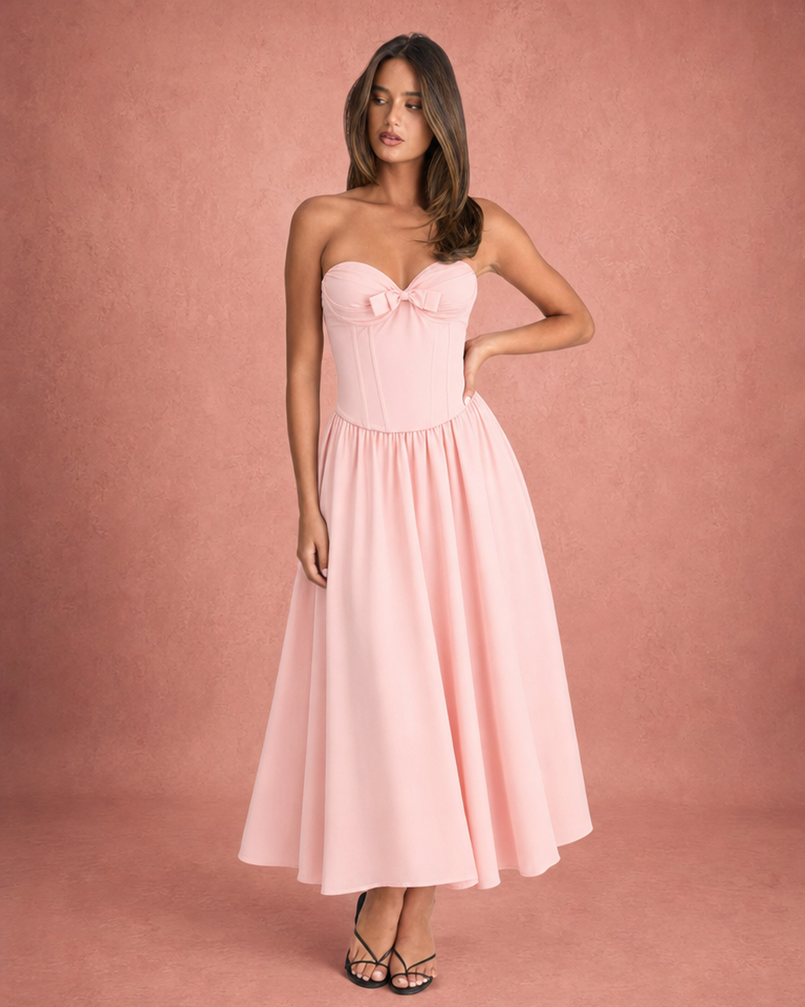Strapless Corset Bodice Bow Detail Midi Dress - Pink