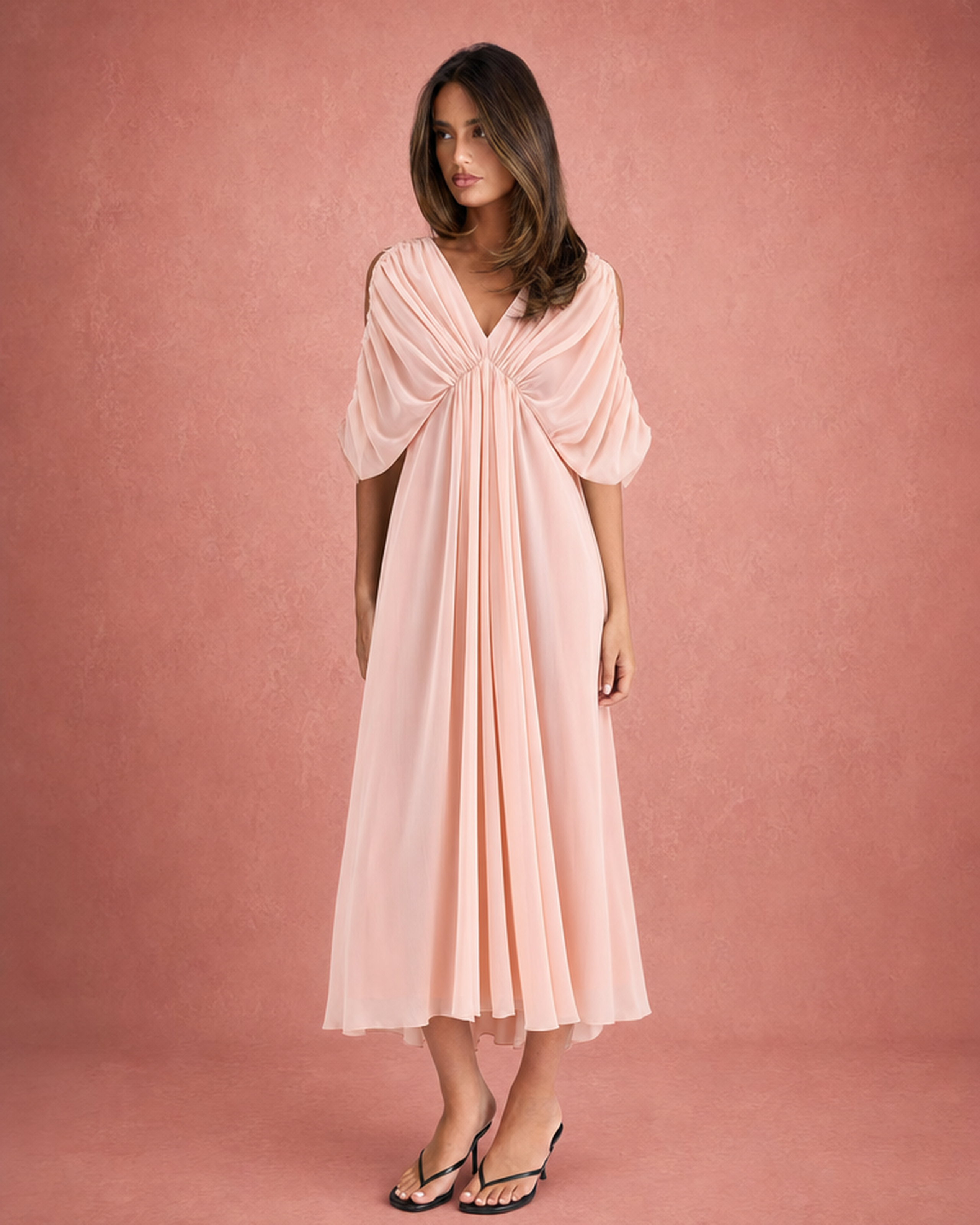 V-Neck Ruched Bodice Wide Sleeve Chiffon Maxi Dress - Pink