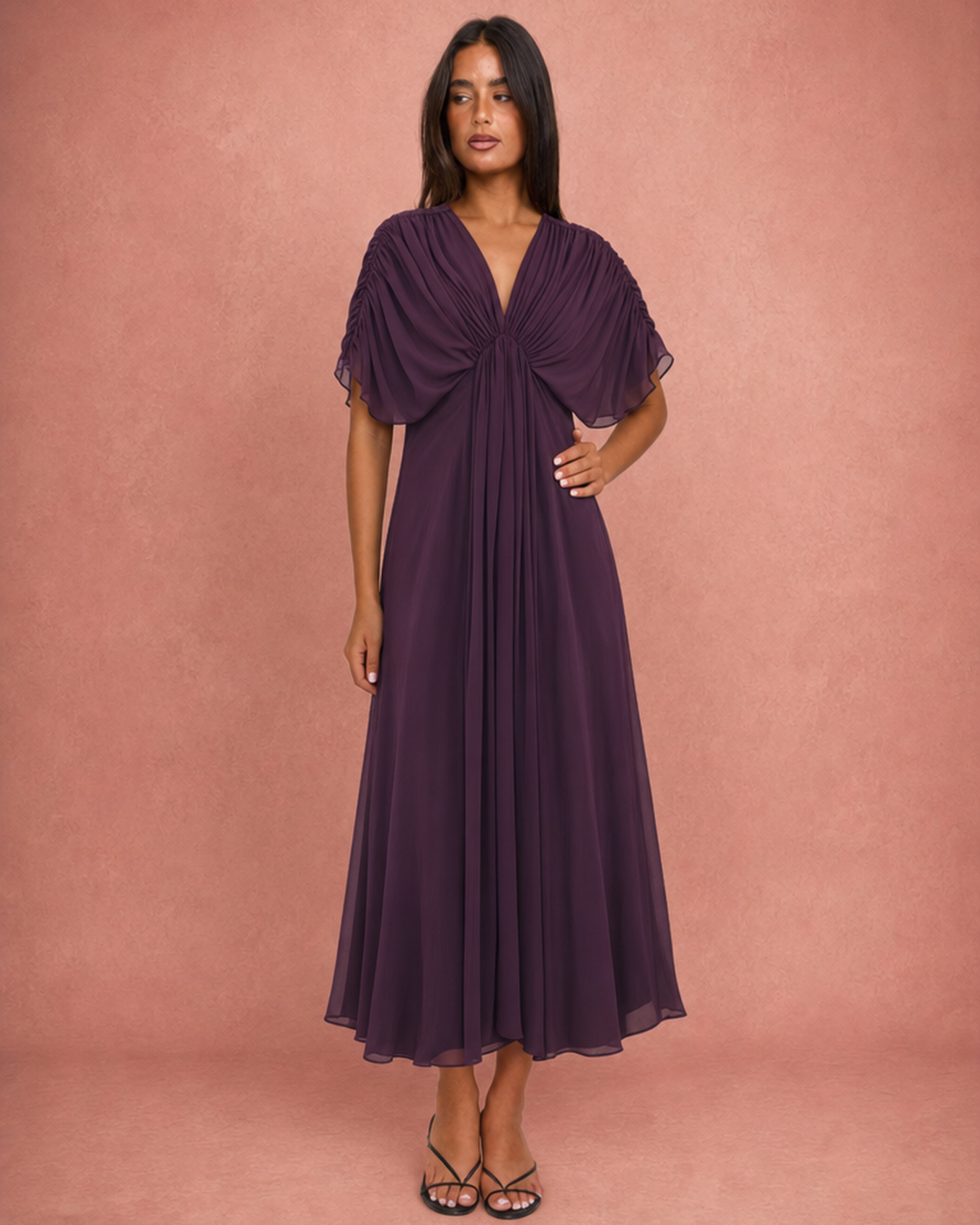 V-Neck Ruched Bodice Wide Sleeve Chiffon Maxi Dress - Purple