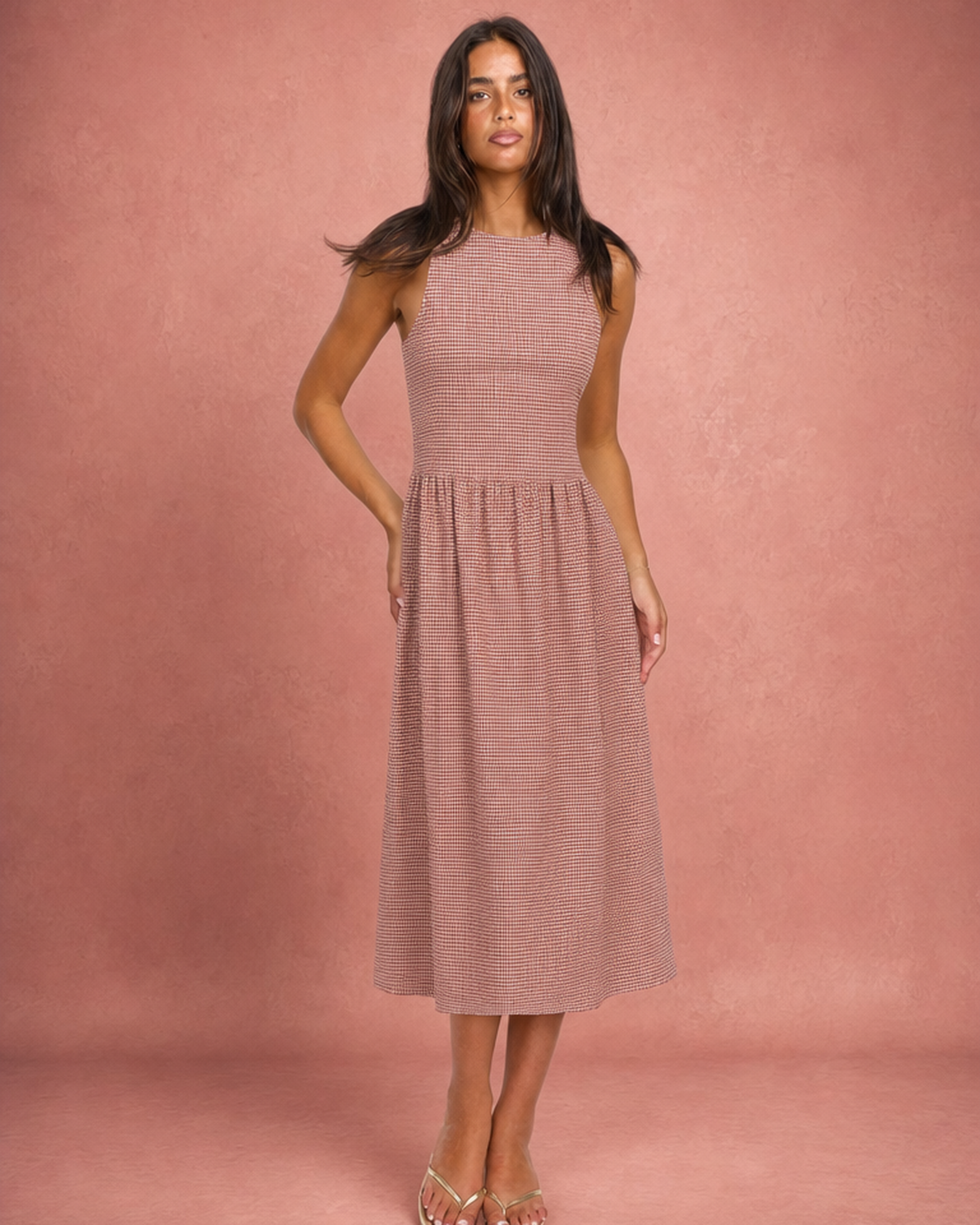 Round Neck Smocked Bodice A-Line Midi Dress - Red Plaid
