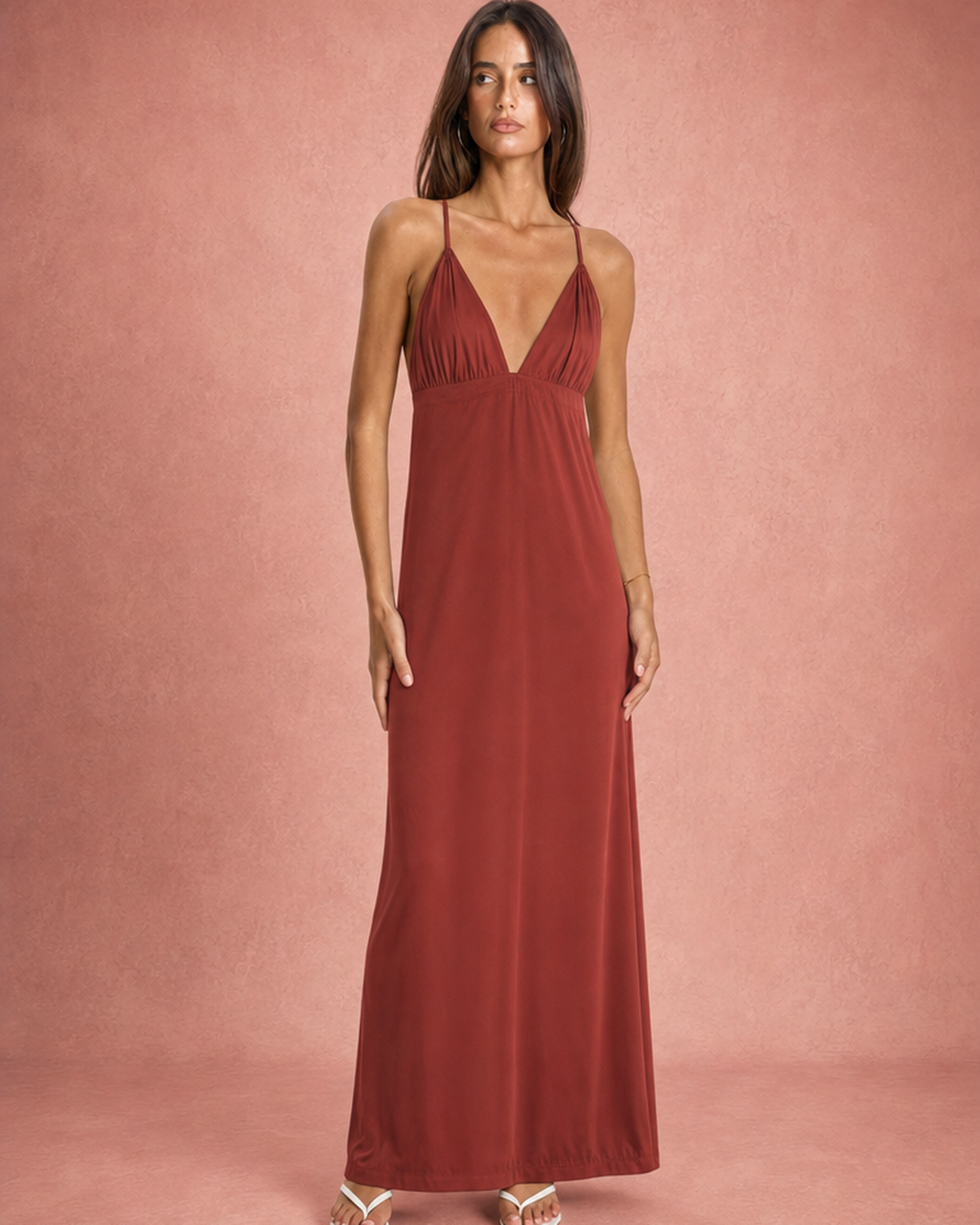 V-Neck Ruched Bust Geometric Print Maxi Dress - Red