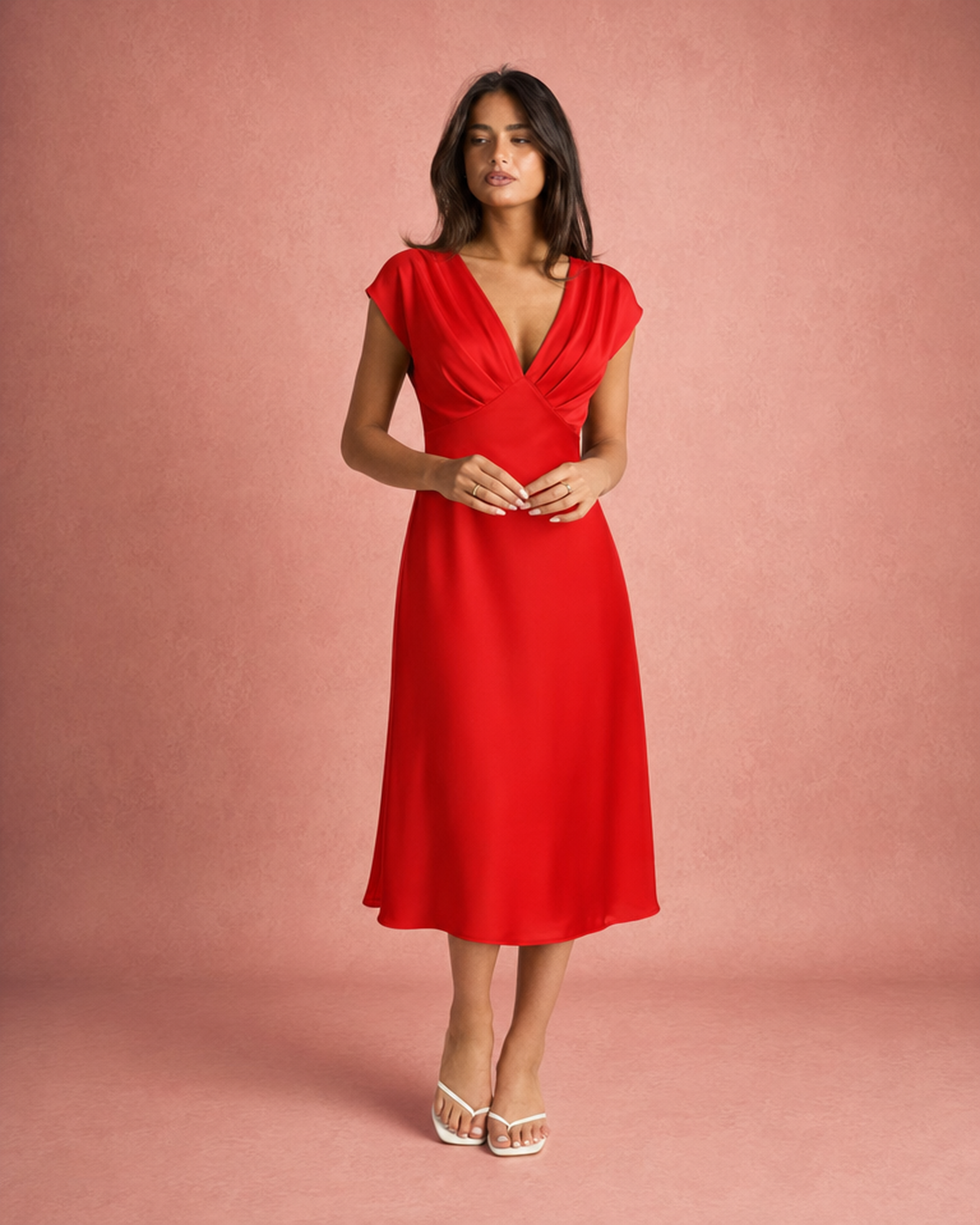 Satin-Feel Flowing Midi Summer Dress - Red