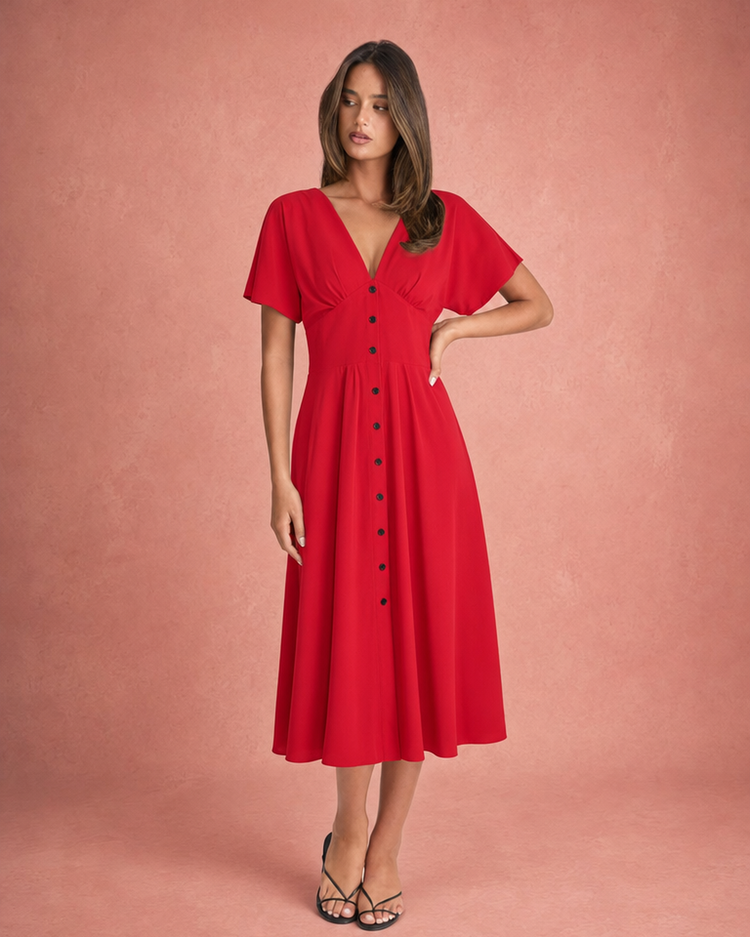 V-Neck Button-Front Wide Sleeve Midi Dress - Red