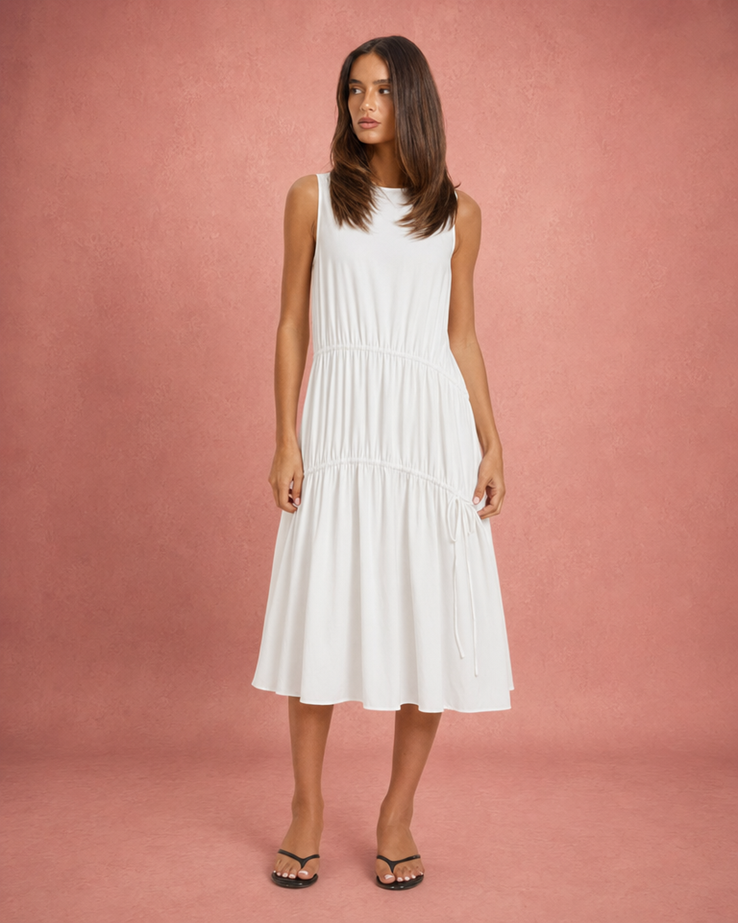Sleeveless Flowing Satin Midi Dress - Washed White