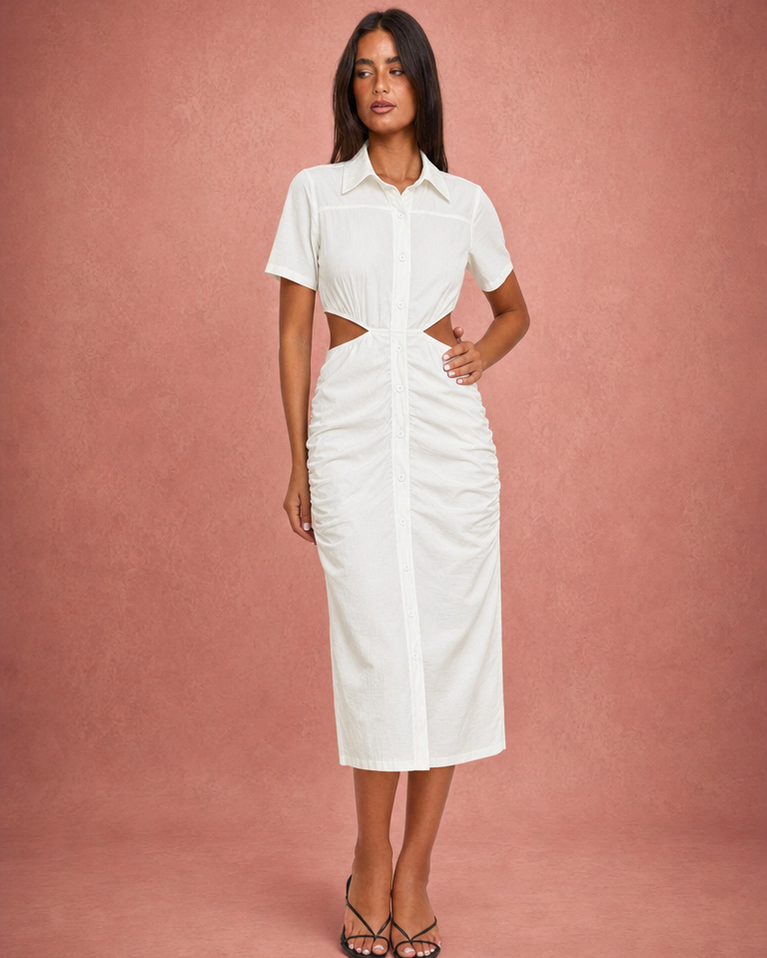 Shirt Collar Waist Cut-Out Ruched Midi Shirt Dress - White