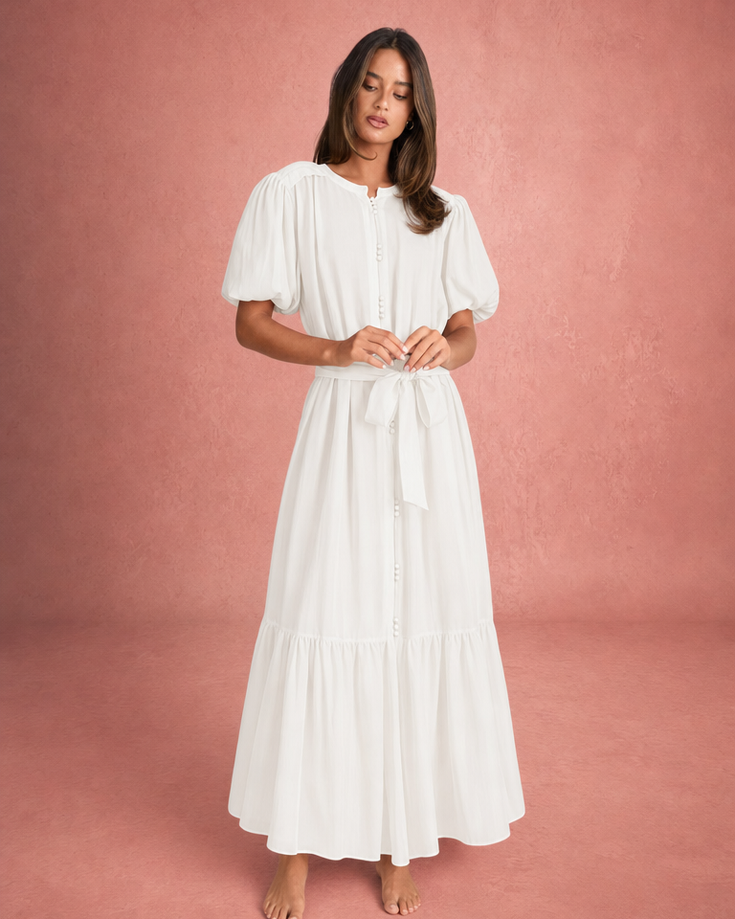 Round Neck Puff Sleeve Tie-Waist Tiered Maxi Dress - White