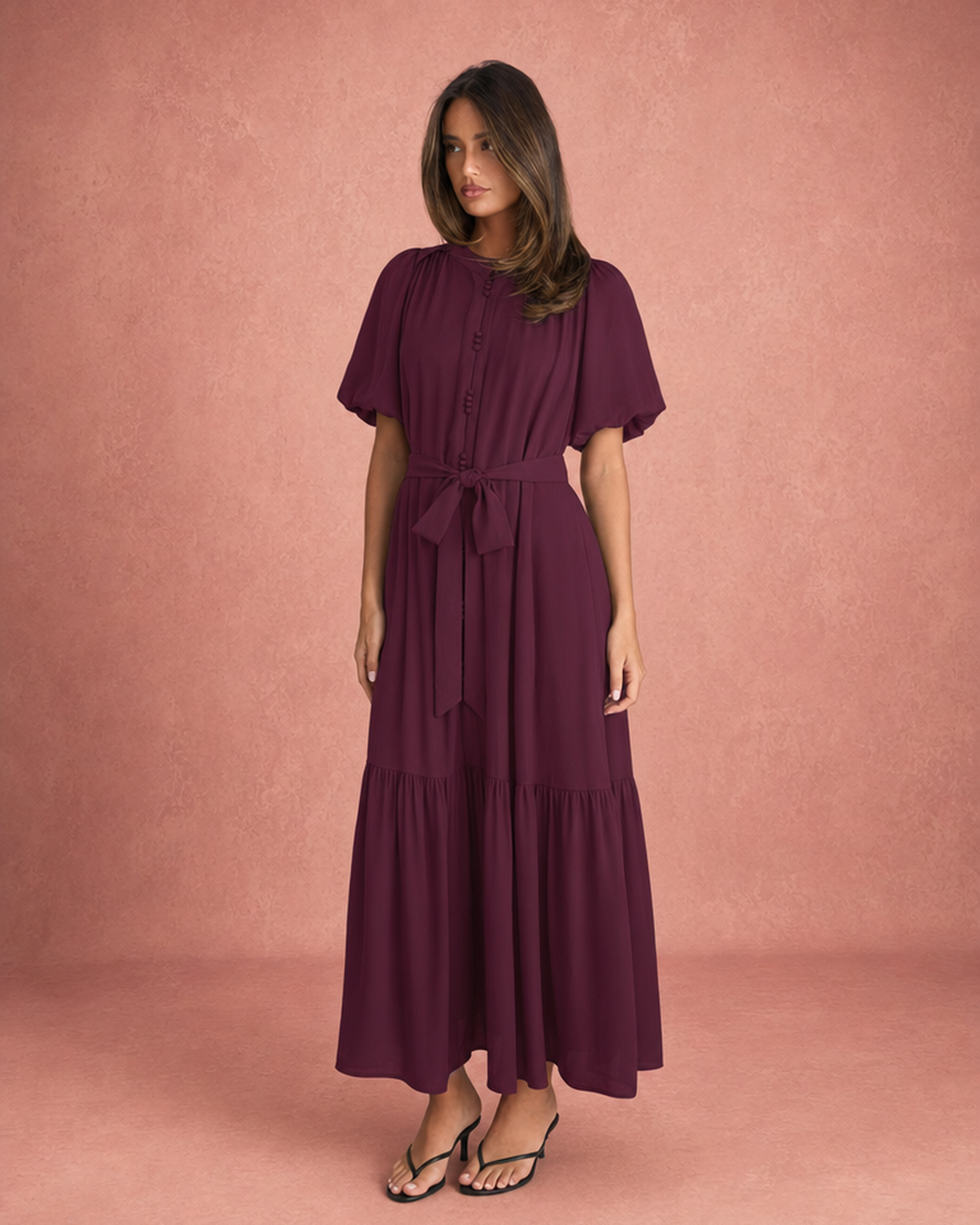 Round Neck Puff Sleeve Tie-Waist Tiered Maxi Dress - Wine Red