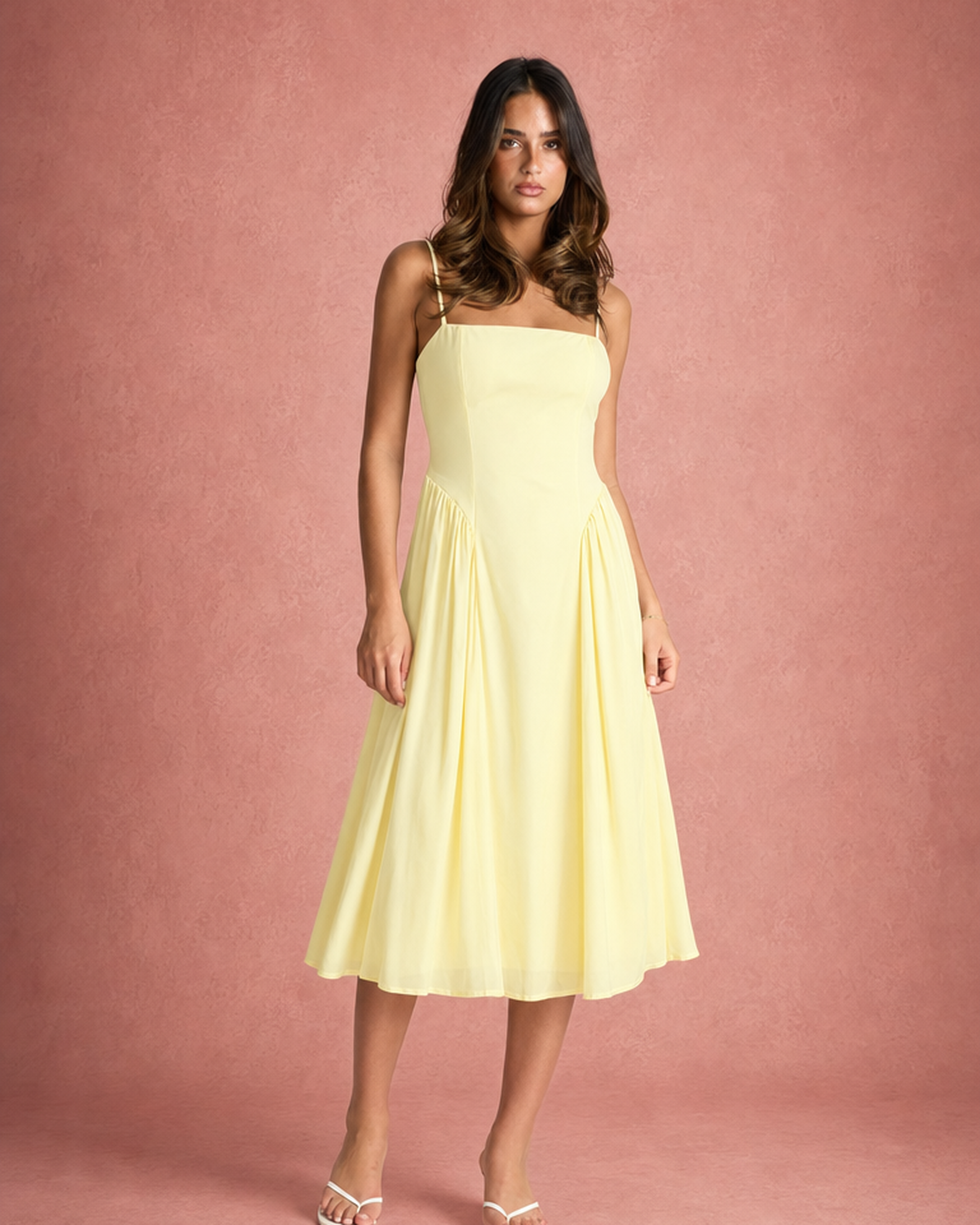 Spaghetti Strap Low Neck Gathered Midi Dress - Yellow