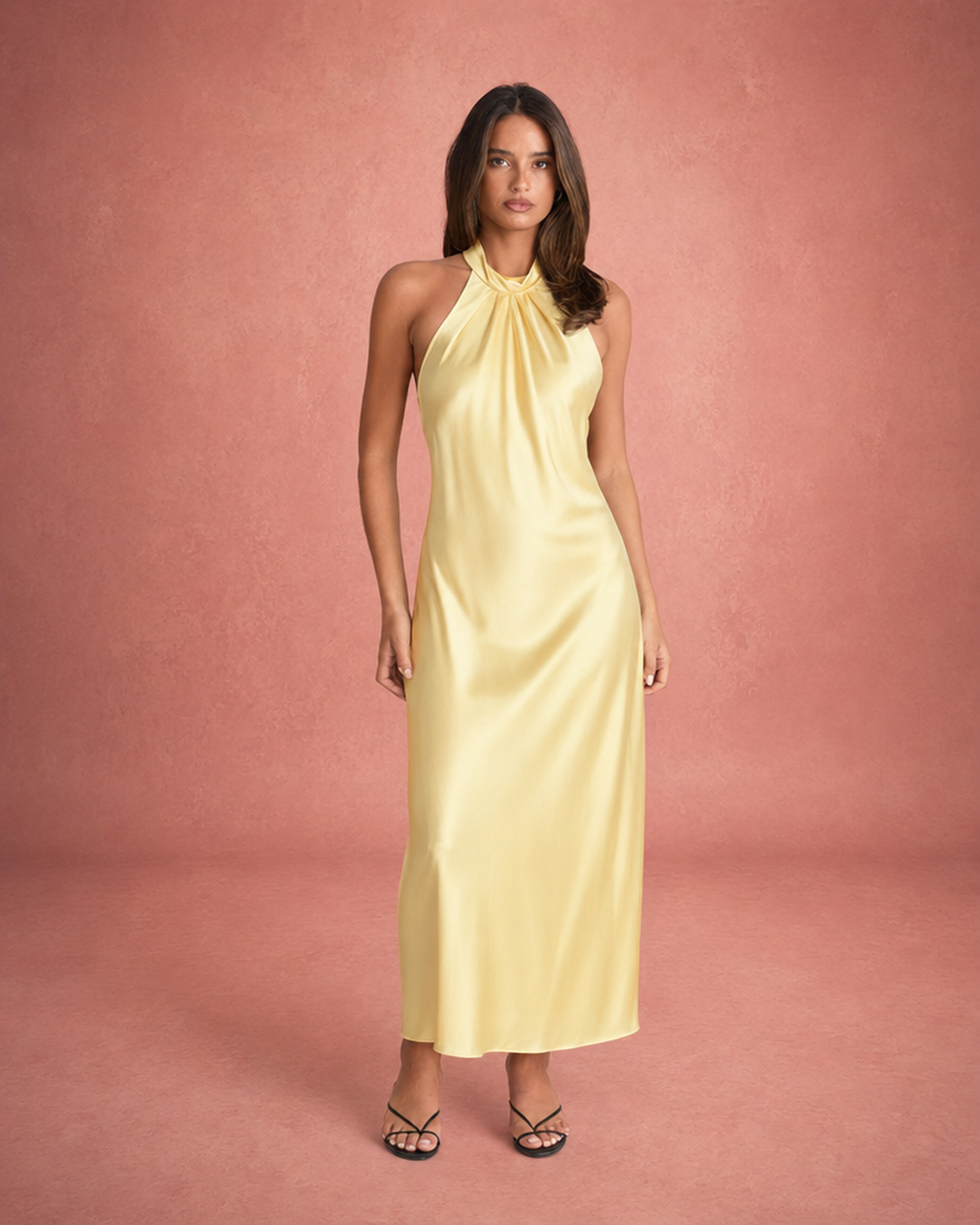 Satin Halter Neck Bodycon Maxi Dress - Yellow