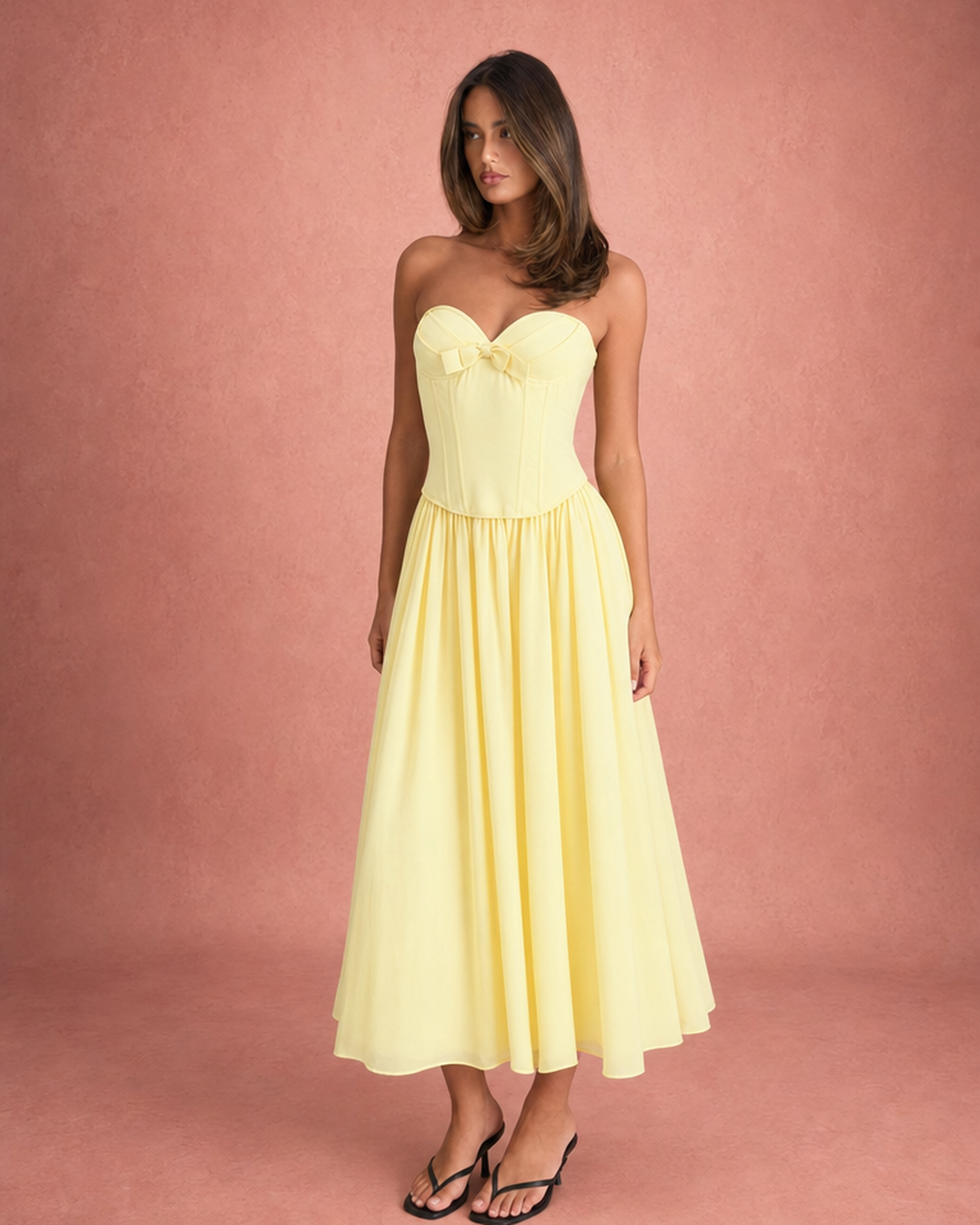 Strapless Corset Bodice Bow Detail Midi Dress - Yellow