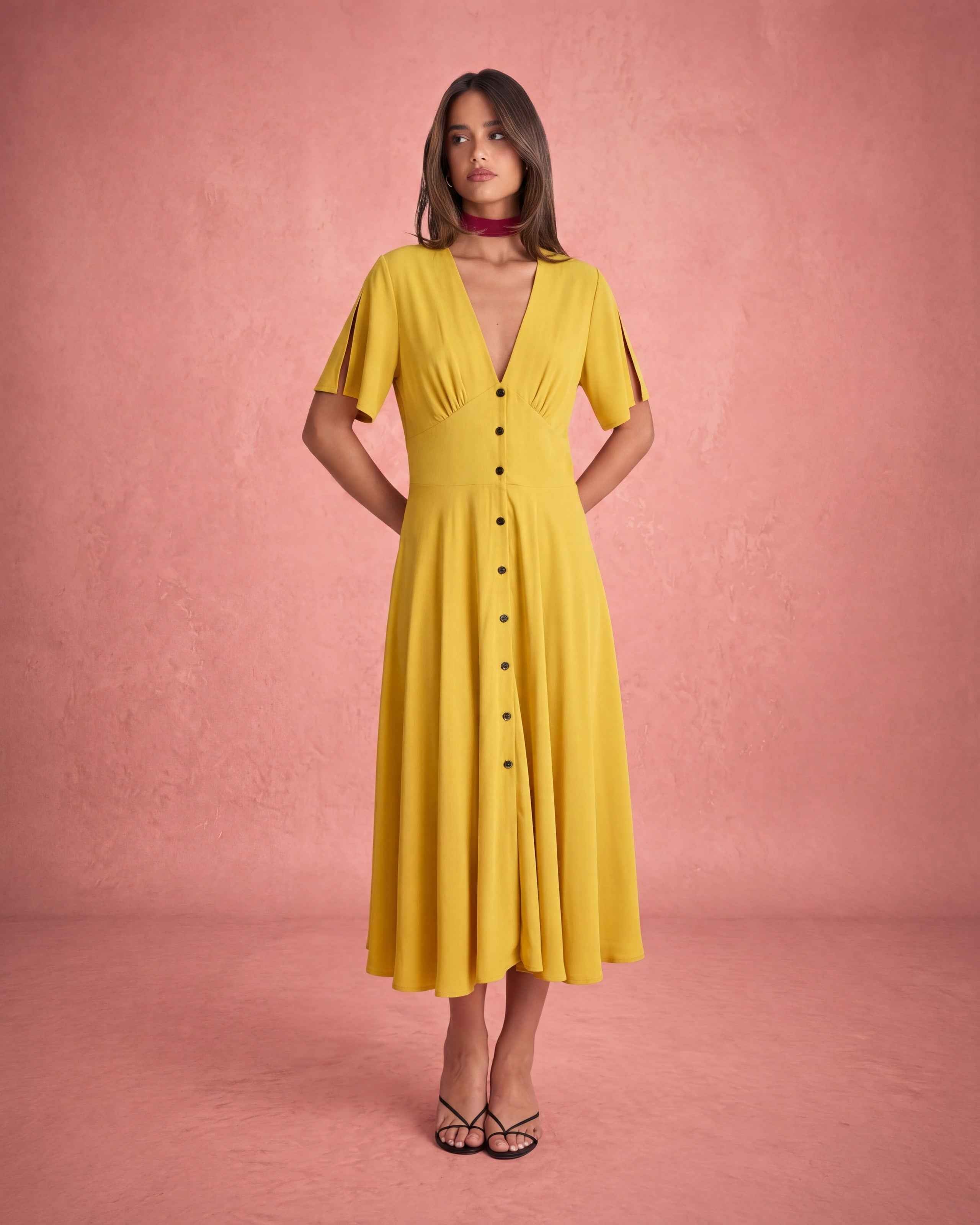 V-Neck Button-Front Wide Sleeve Midi Dress - Yellow